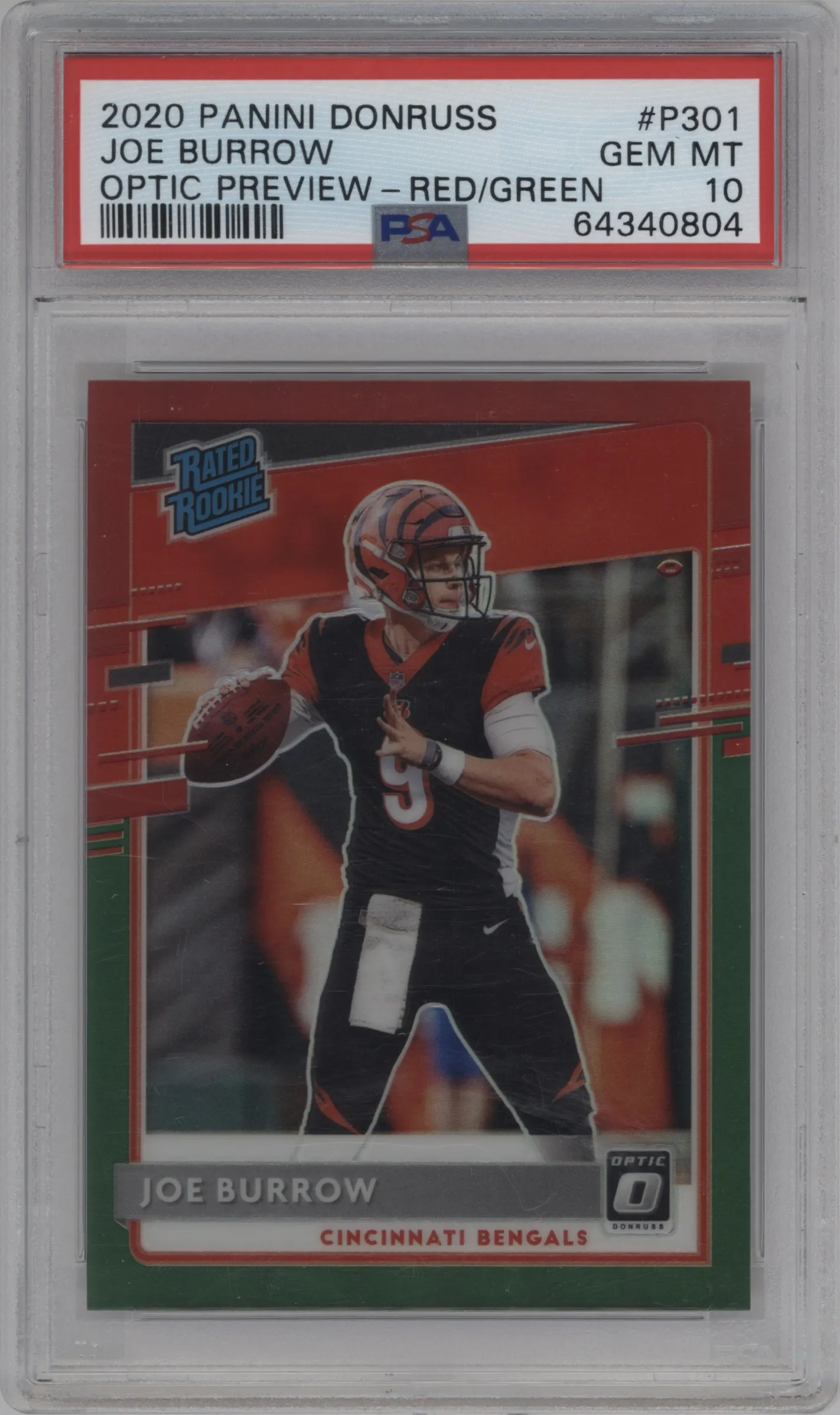 2020 Panini Donruss Opt.Rtd.Rke.Prev. Joe Burrow Red/Green #P-301 PSA 10