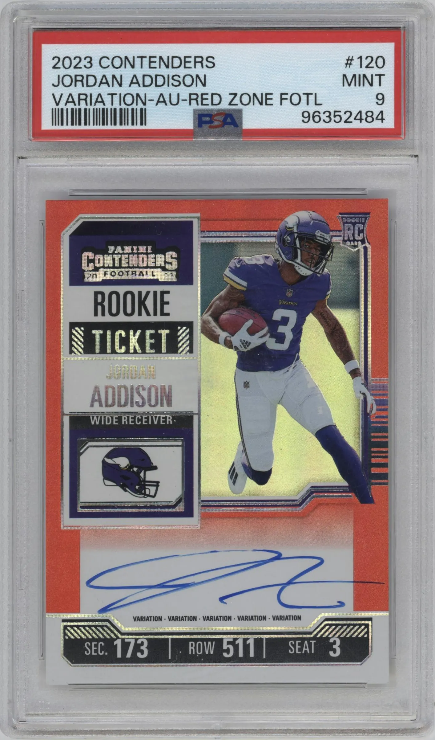 2023 Panini Contenders Rke.Tkt.Au.Var.RPS Jordan Addison Red Zone FOTL #120 PSA 9