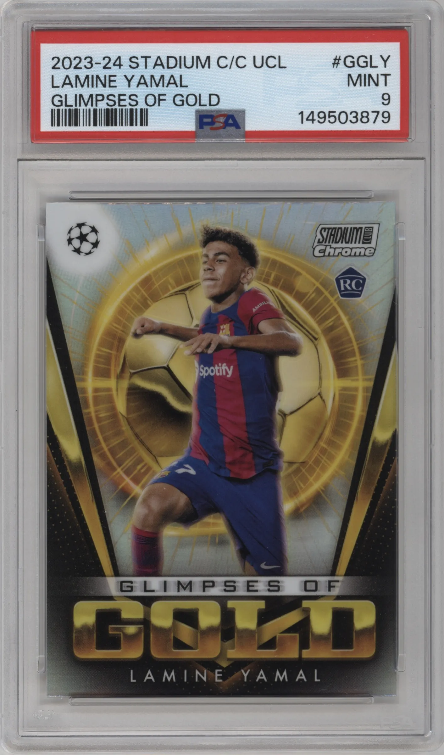 2023 Stadium Club Chrome UEFA Champions League Glimpses of Gold Lamine Yamal #GG-LY PSA 9
