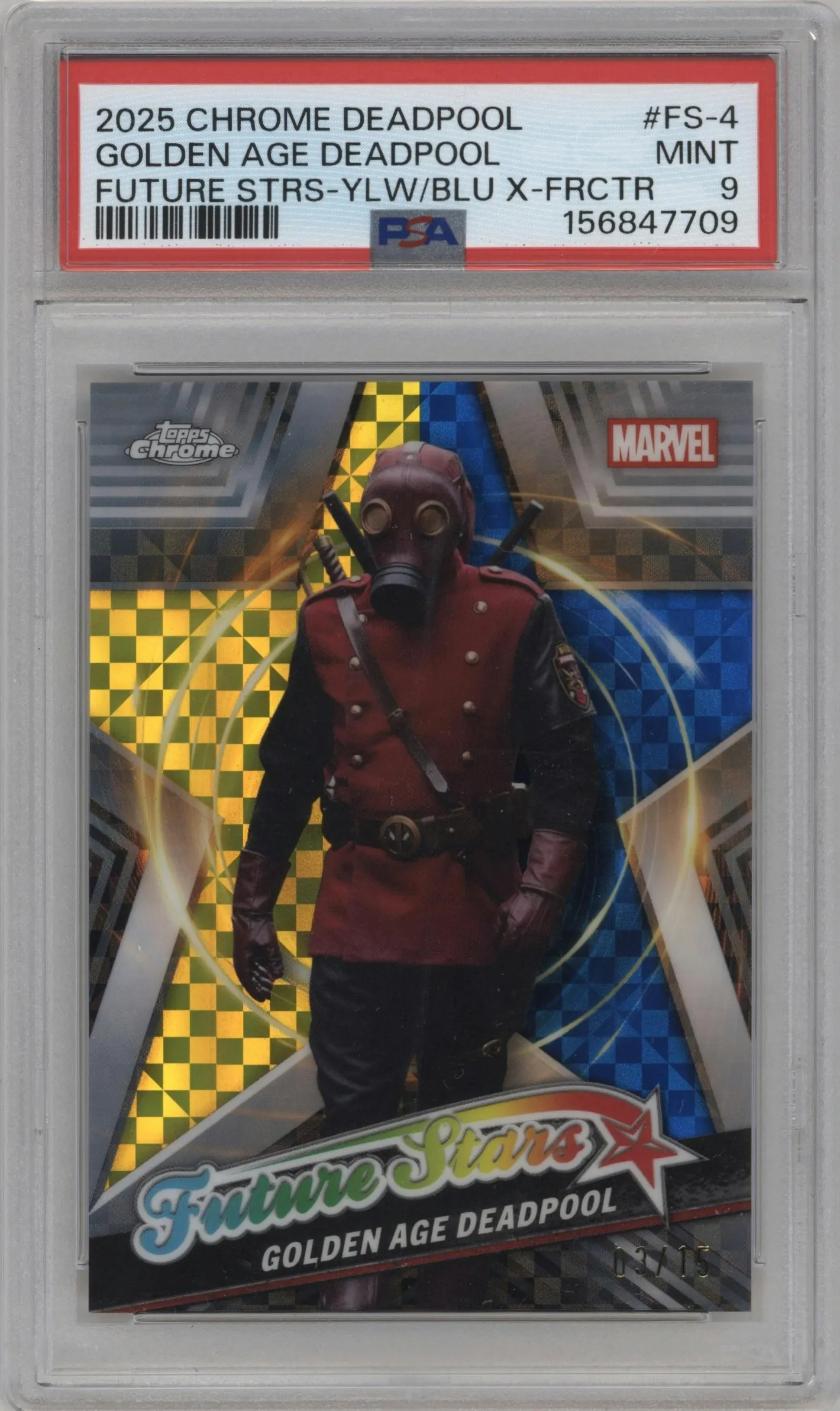 2025 Topps Chrome Deadpool Future Stars Golden Age Deadpool Wolverine Yellow and Blue X-Fractor #FS-4 PSA 9