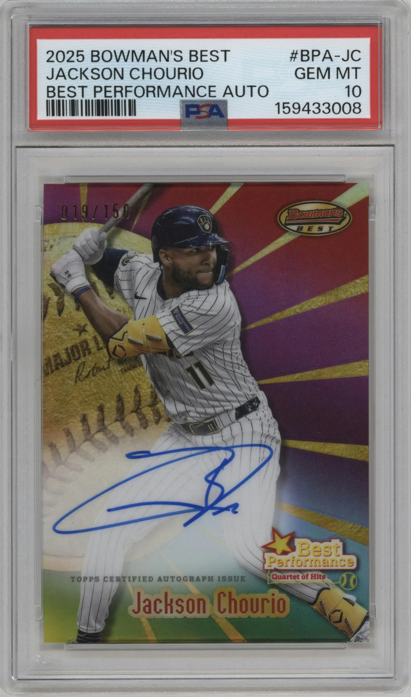 2025 Bowman's Best Best Perf.Auto Jackson Chourio Numbered Base #BPA-JC PSA 10