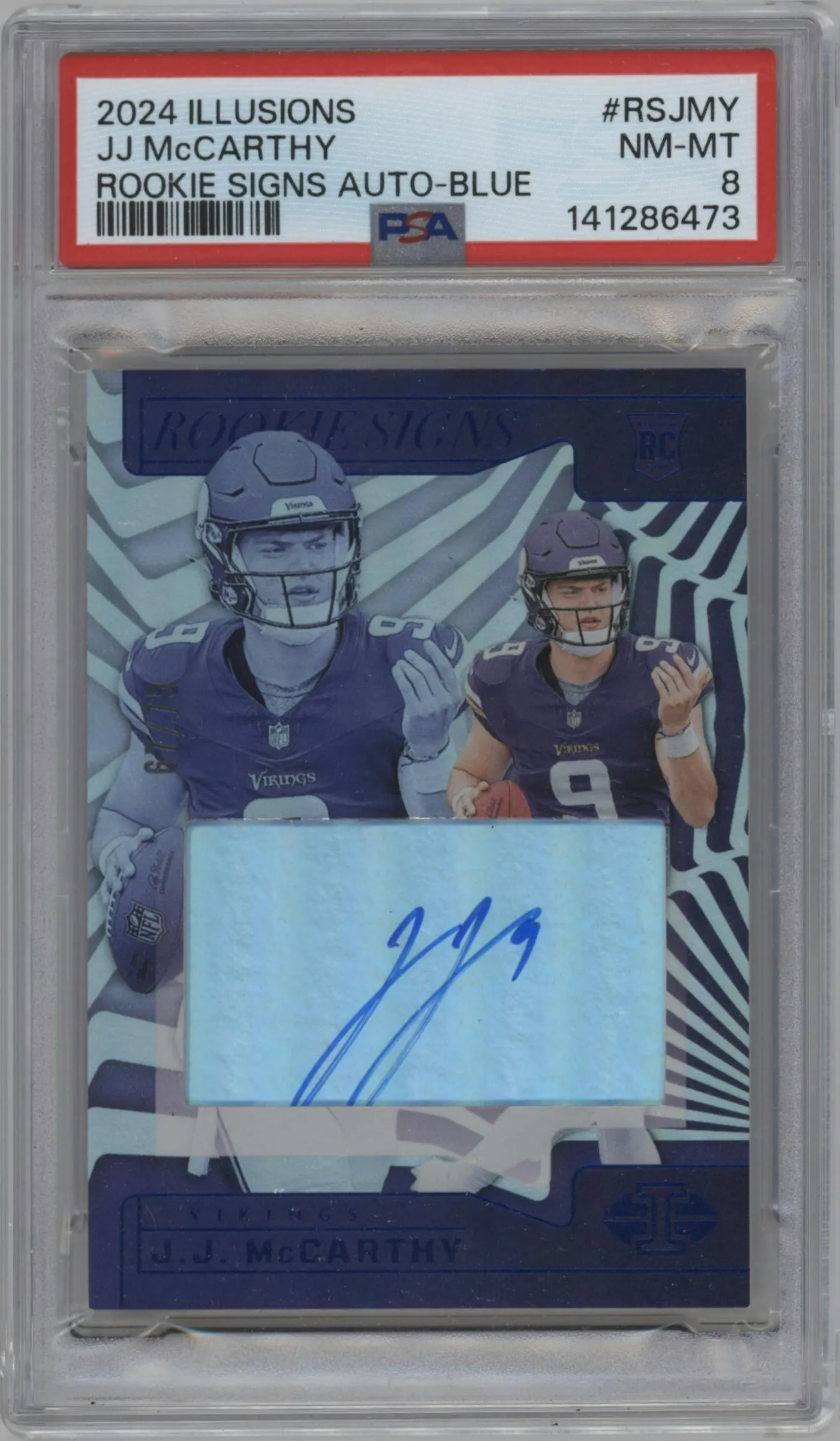 2024 Panini Illusions Rookie Signs J.J. McCarthy Blue #RS-JMY PSA 8