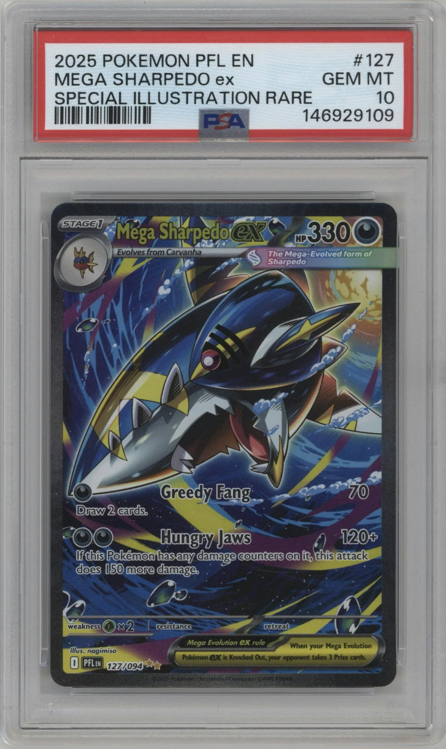 2025 Pokemon Mega Evolution Phan. Flames Mega Sharpedo ex #127 PSA 10