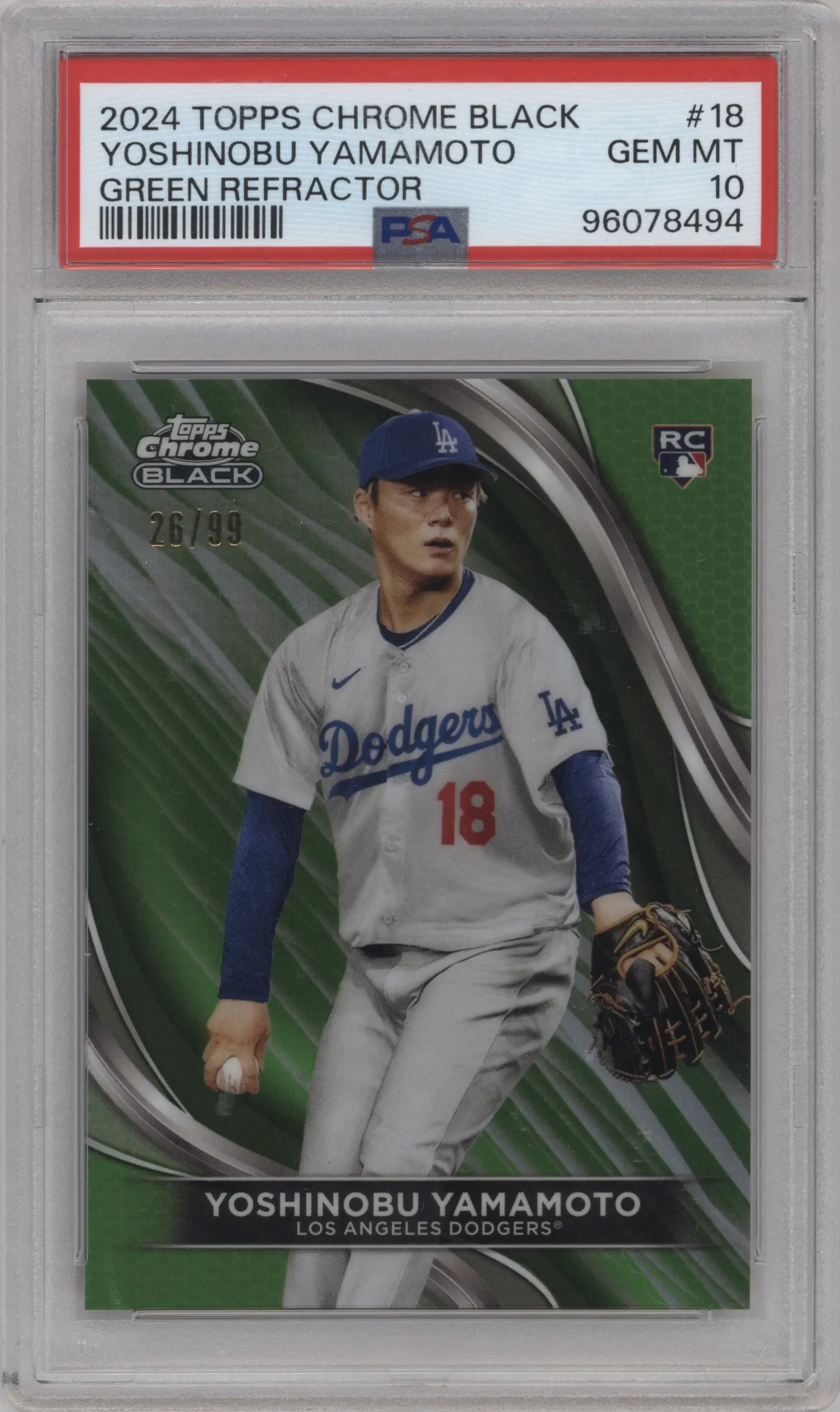 2024 2024 Topps Chrome Black Topps Chrome Black Yoshinobu Yamamoto Green Refractor #18 PSA 10