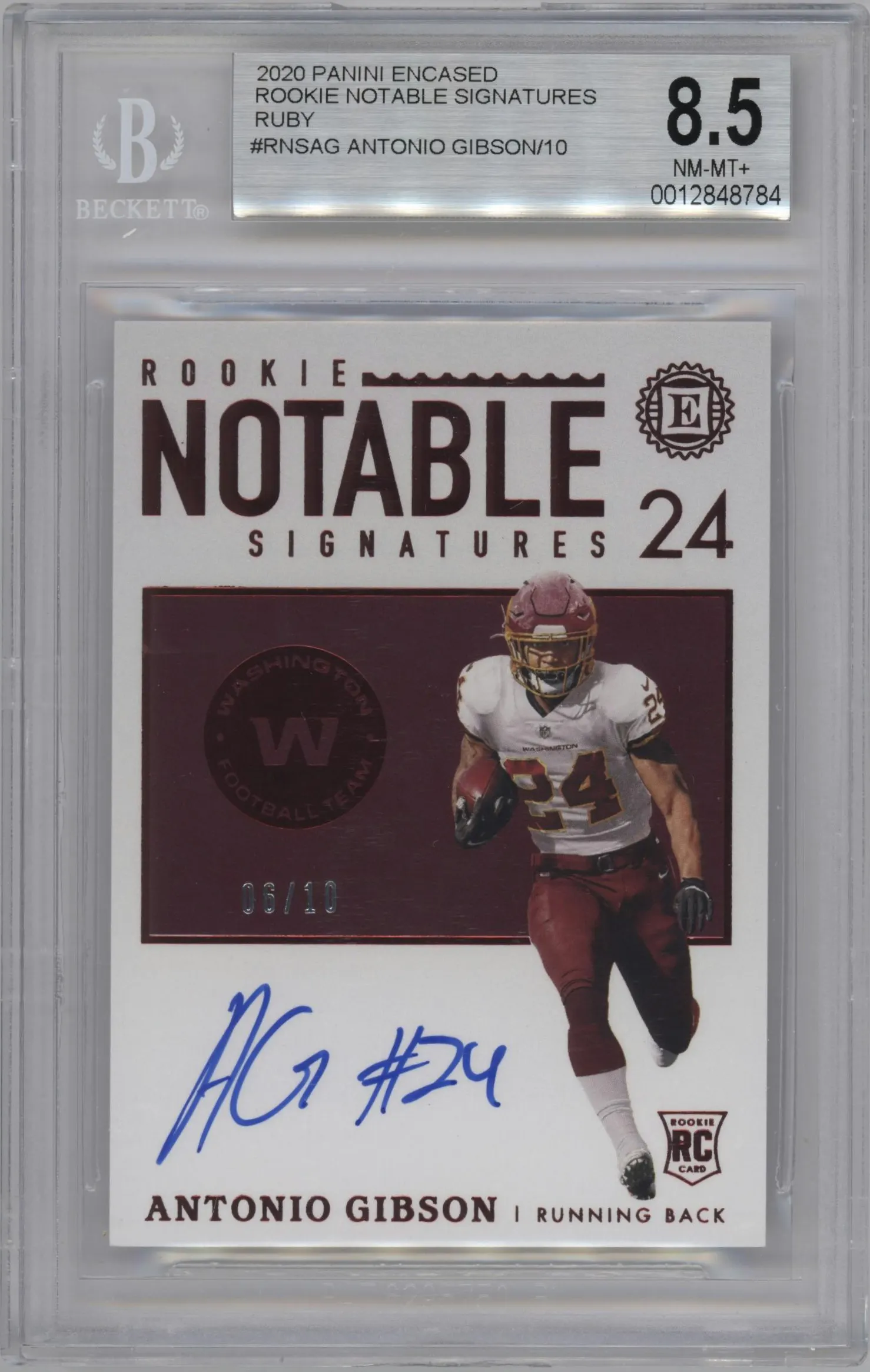 2020 Panini Encased Rke.Notable Sig. Antonio Gibson Ruby #RNS-AG BGS 8.5