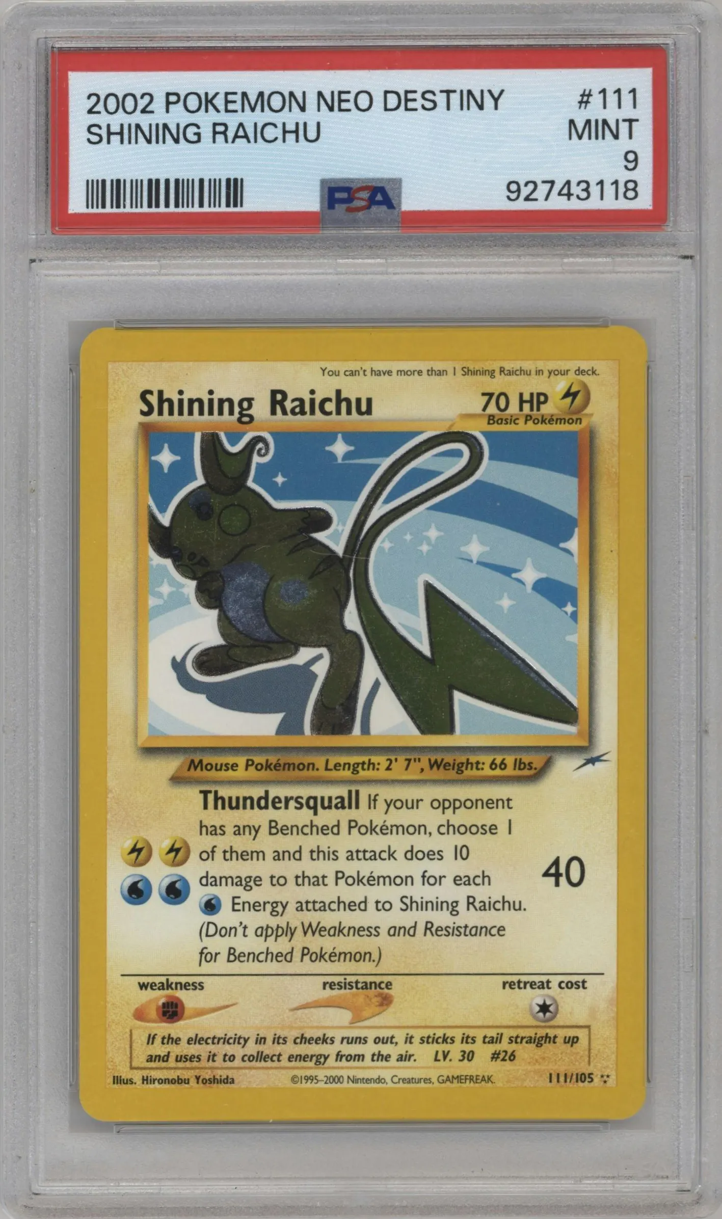 2002 Pokemon Neo Genesis Neo Destiny Shining Raichu #111 PSA 9