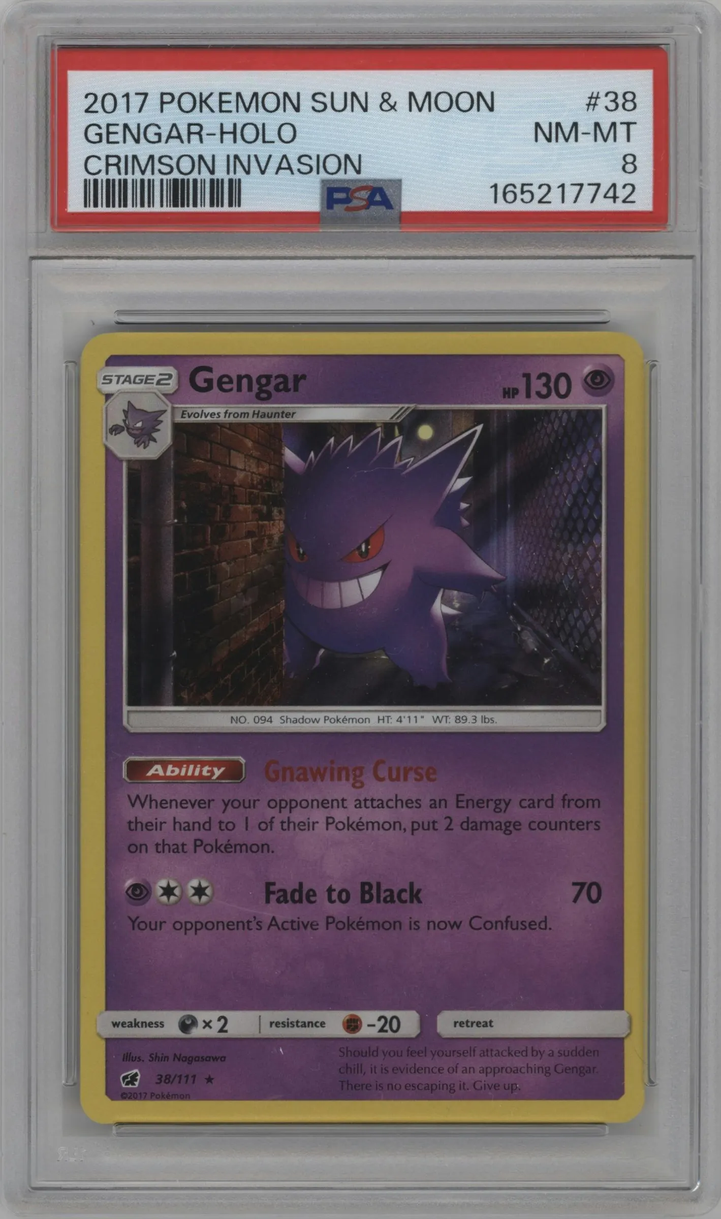 2017 Pokemon S&M Crimson Invasion Gengar #38 PSA 8