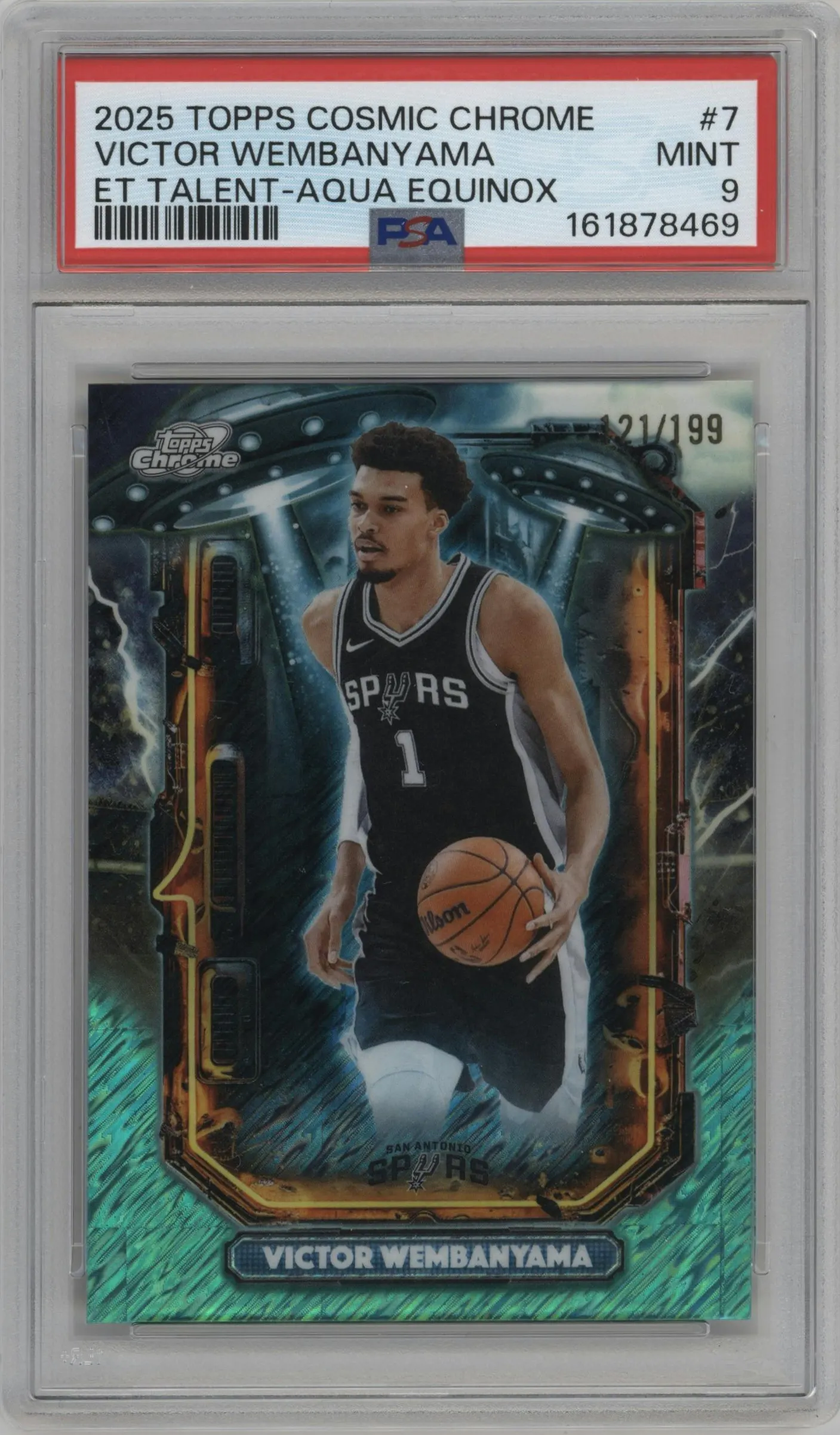 2025 Topps Chrome Cosmic Extrl.Talent Victor Wembanyama Aqua Equinox Refractor #ET-7 PSA 9