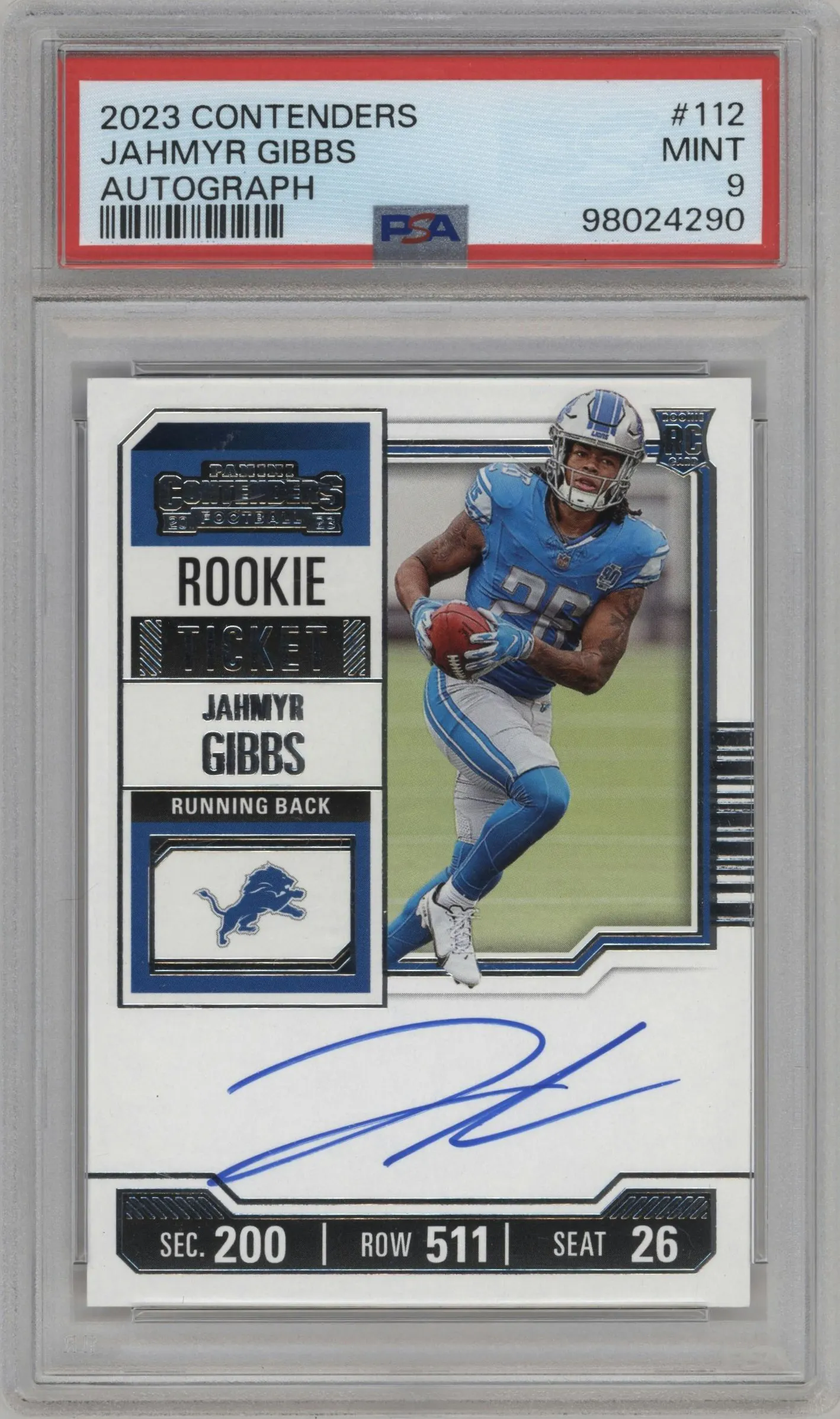 2023 Panini Contenders Rke.Tkt.Auto Jahmyr Gibbs #112 PSA 9