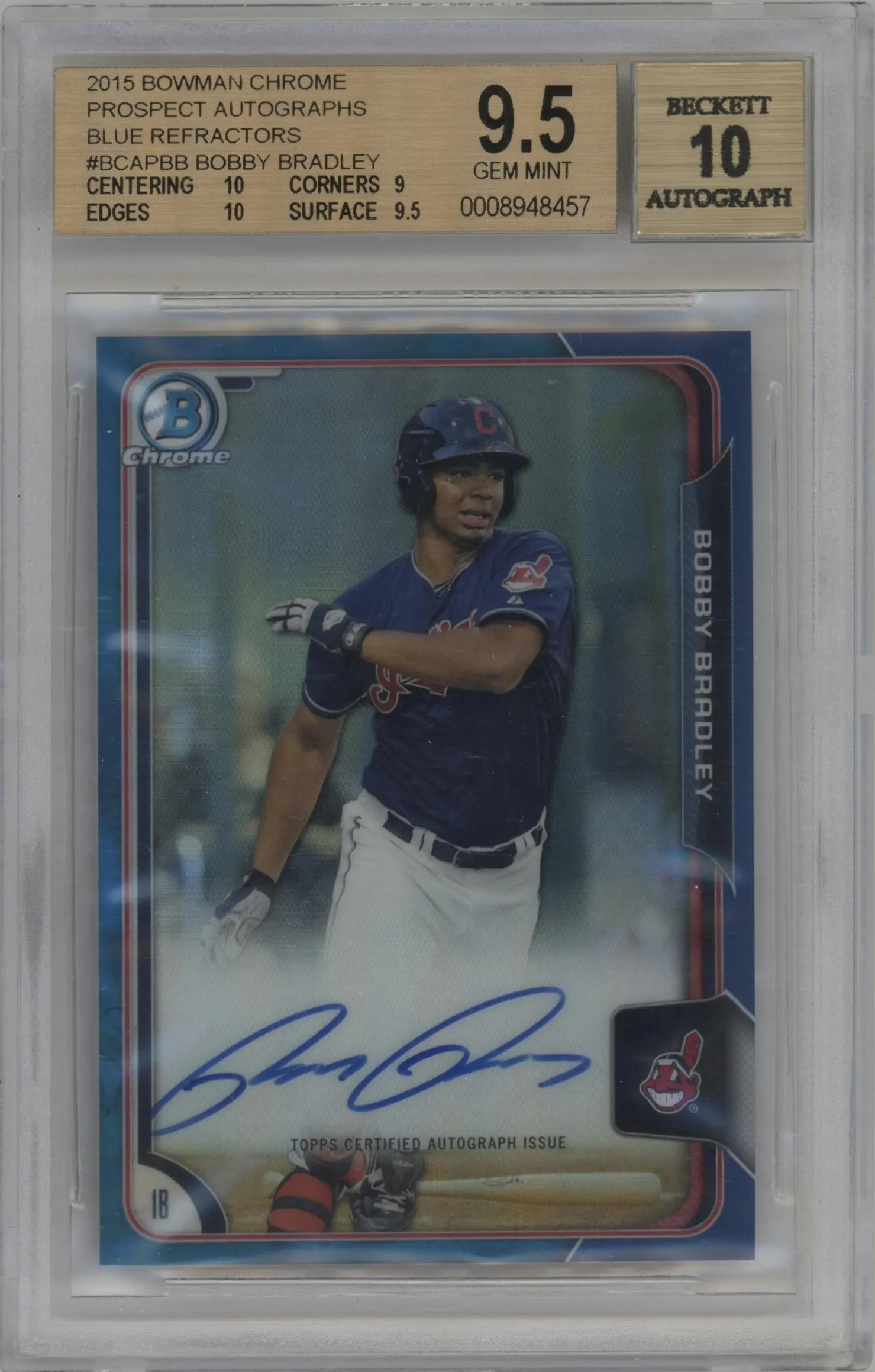 2015 Bowman Chrome Pros.Auto Bobby Bradley Blue Refractor BGS 9.5