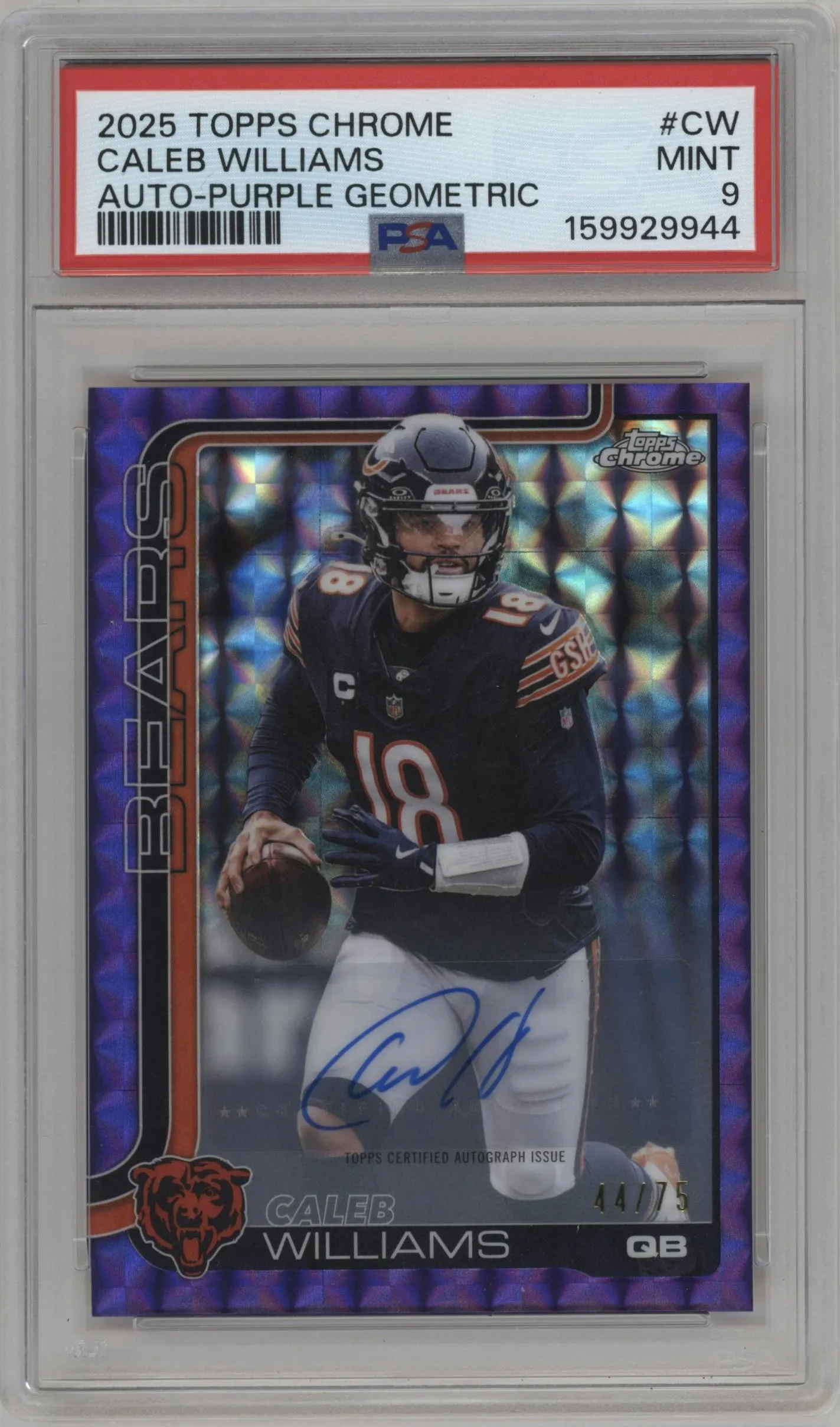 2025 Topps Chrome Chrome Auto Caleb Williams Purple Geometric Refractor #BA-CW PSA 9