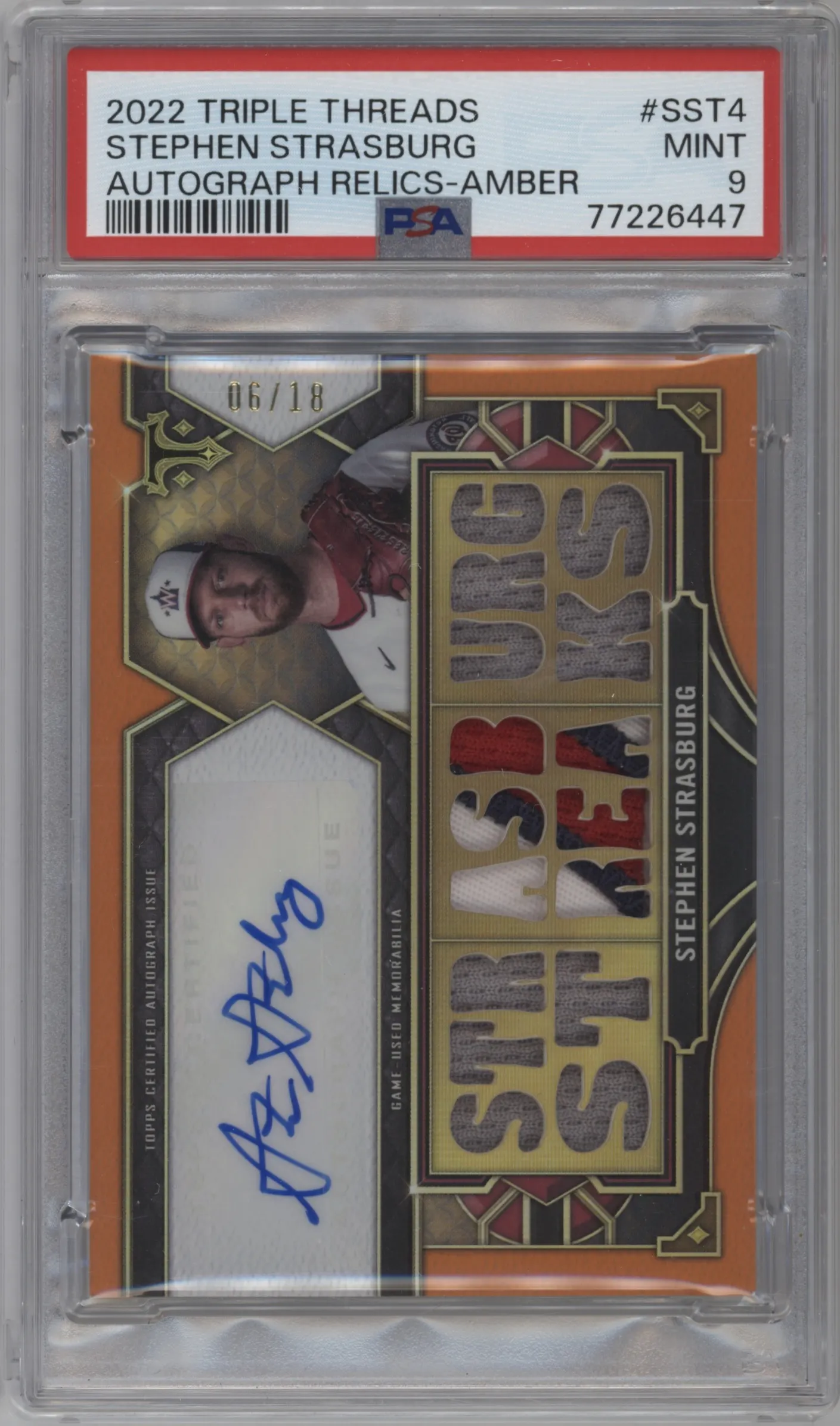 2022 Topps Triple Threads Relic Auto Stephen Strasburg Amber #TTAR-SST4 PSA 9