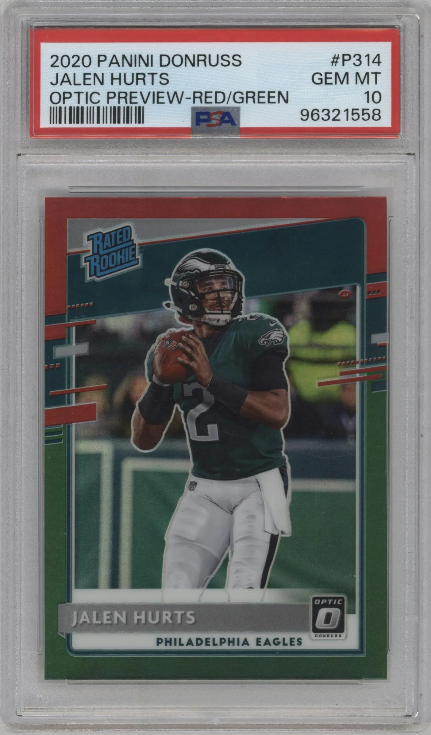 2020 Panini Donruss Opt.Rtd.Rke.Prev. Jalen Hurts Red/Green #P-314 PSA 10