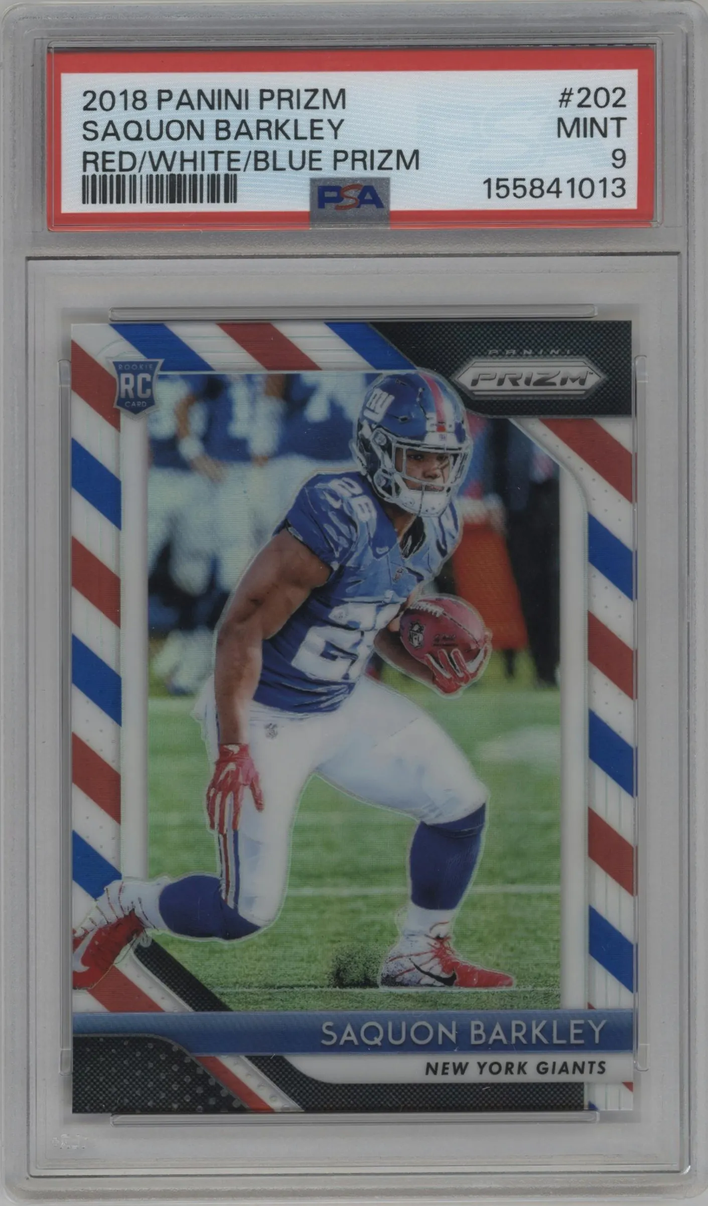 2018 Panini Prizm Saquon Barkley Red/White/Blue Prizm PSA 9