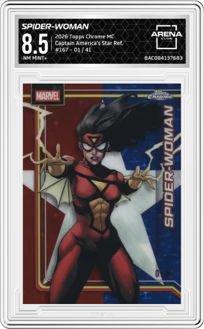 2026 Topps Chrome Marvel Comics Spider-Woman Captain America's Star Refractor #167 ARENA CLUB 8.5