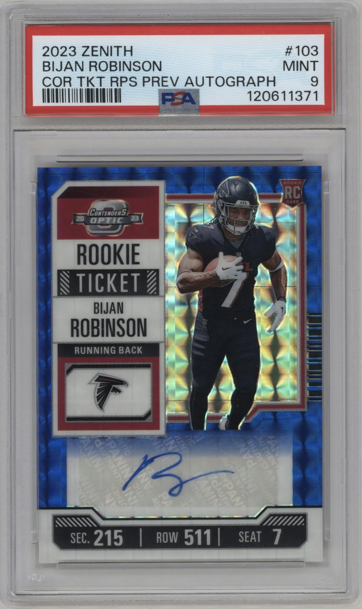 2023 Panini Zenith Cont.Opt.Rke.Tkt.Prev. Bijan Robinson Blue #103 PSA 9