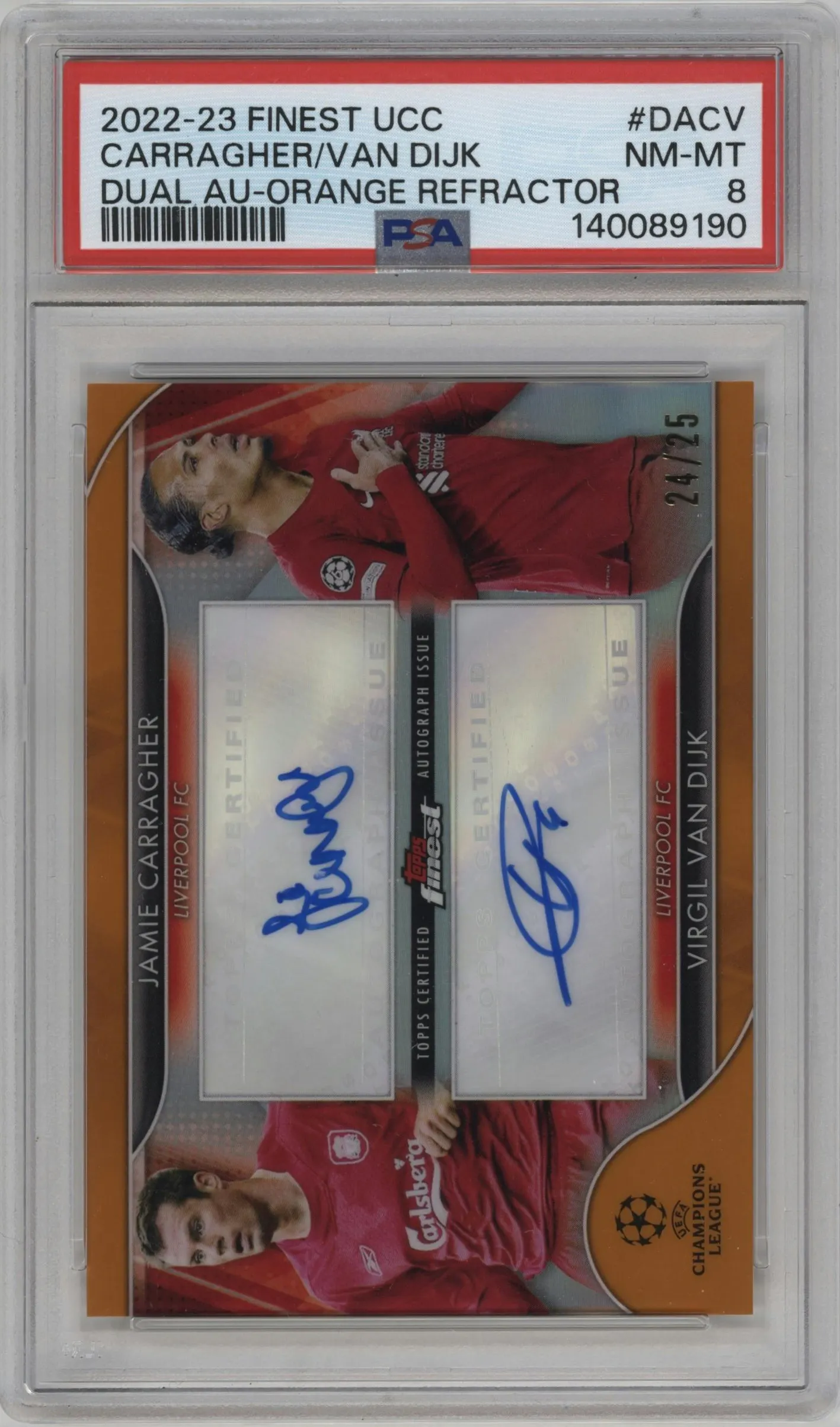 2022 Topps Finest UEFA Club Competitions Dual Autos Jamie Carragher/Virgil van Dijk Orange #DA-CV PSA 8