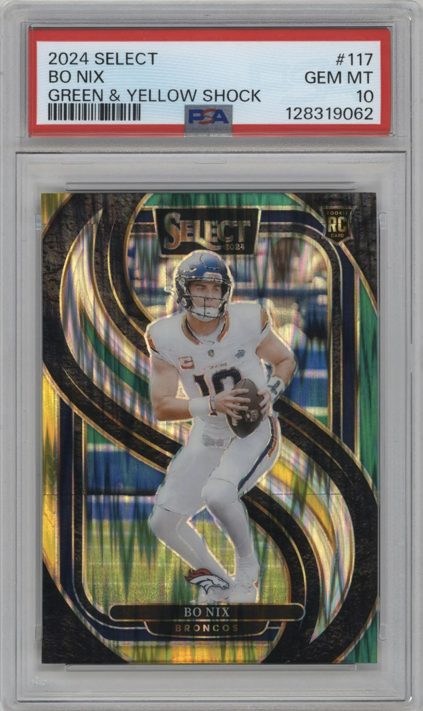 2024 Panini Select Pre.Lvl. Bo Nix Green/Yellow Shock #117 PSA 10