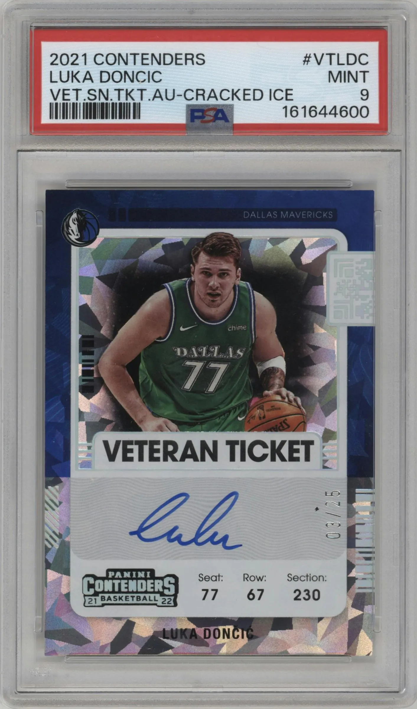 2021 Panini Contenders Vet.Season Tkt. Luka Doncic Cracked Ice Ticket #VT-LDC PSA 9