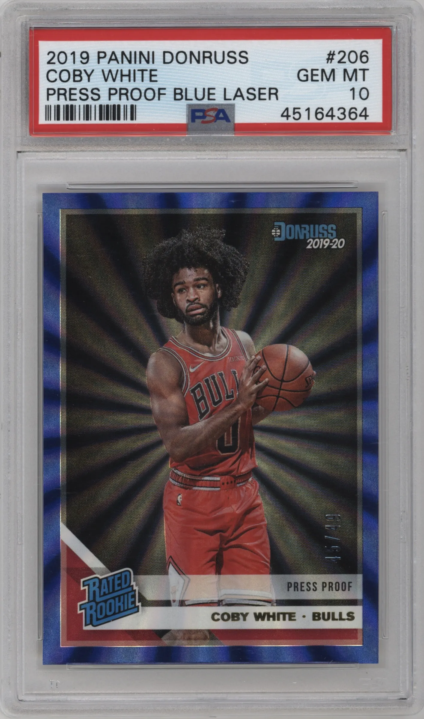 2019 Panini Donruss Rated Rookie Coby White Press Proof Blue Laser #206 PSA 10