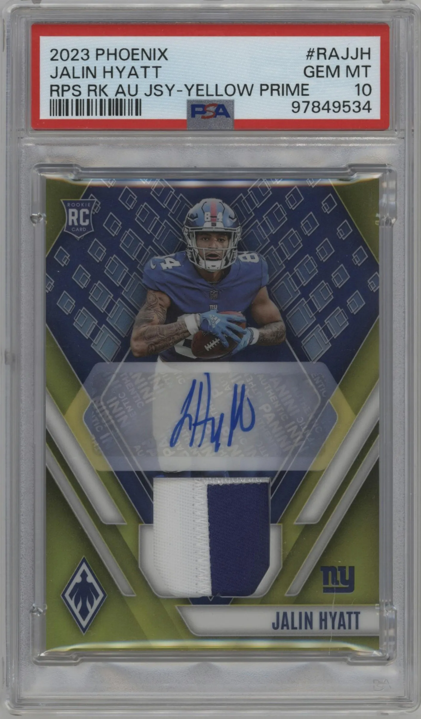 2023 Panini Phoenix RPS Rke.Auto Jersey Jalin Hyatt Yellow Prime #RAJ-JH PSA 10