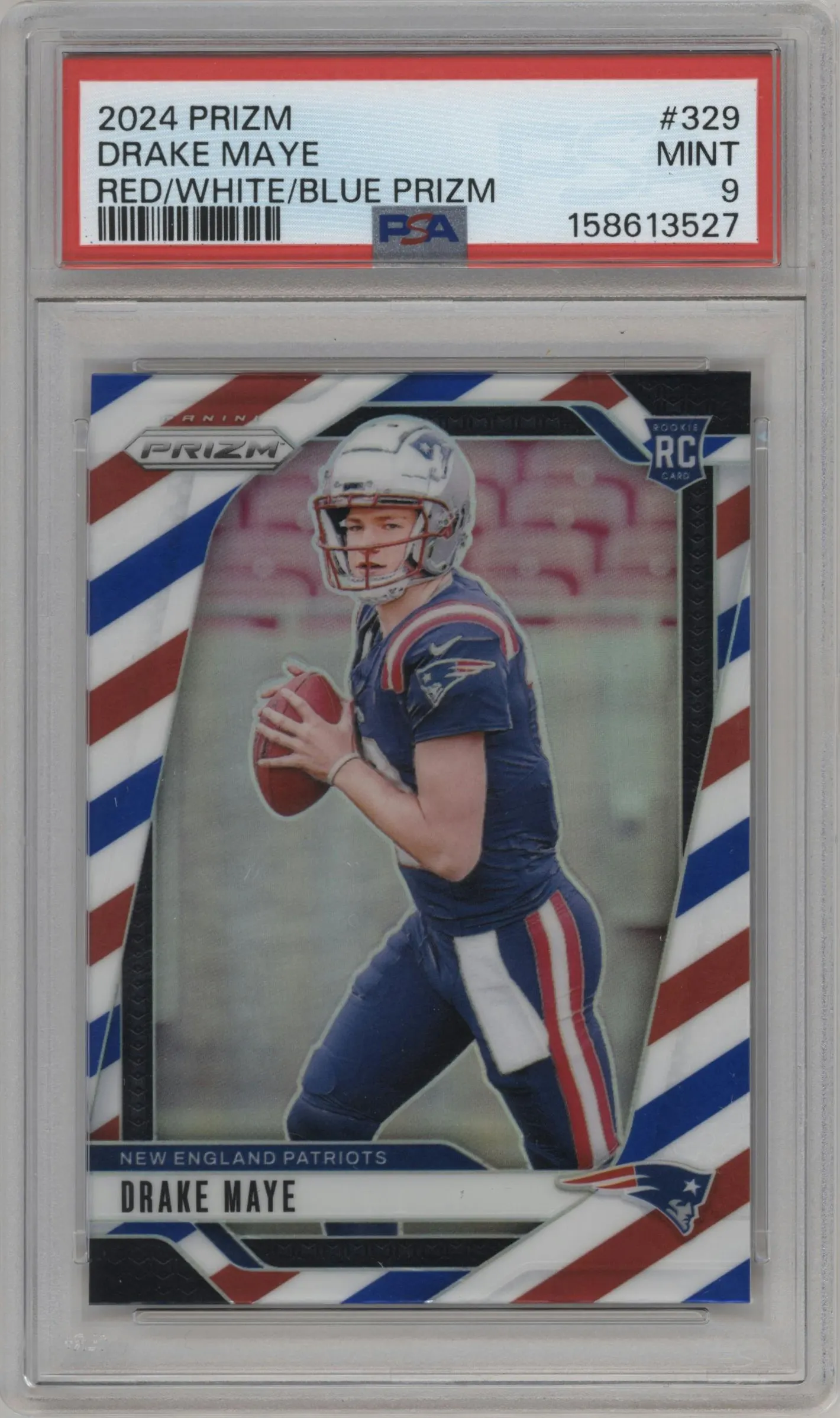 2024 Panini Prizm Drake Maye Red White Blue Prizm #329 PSA 9