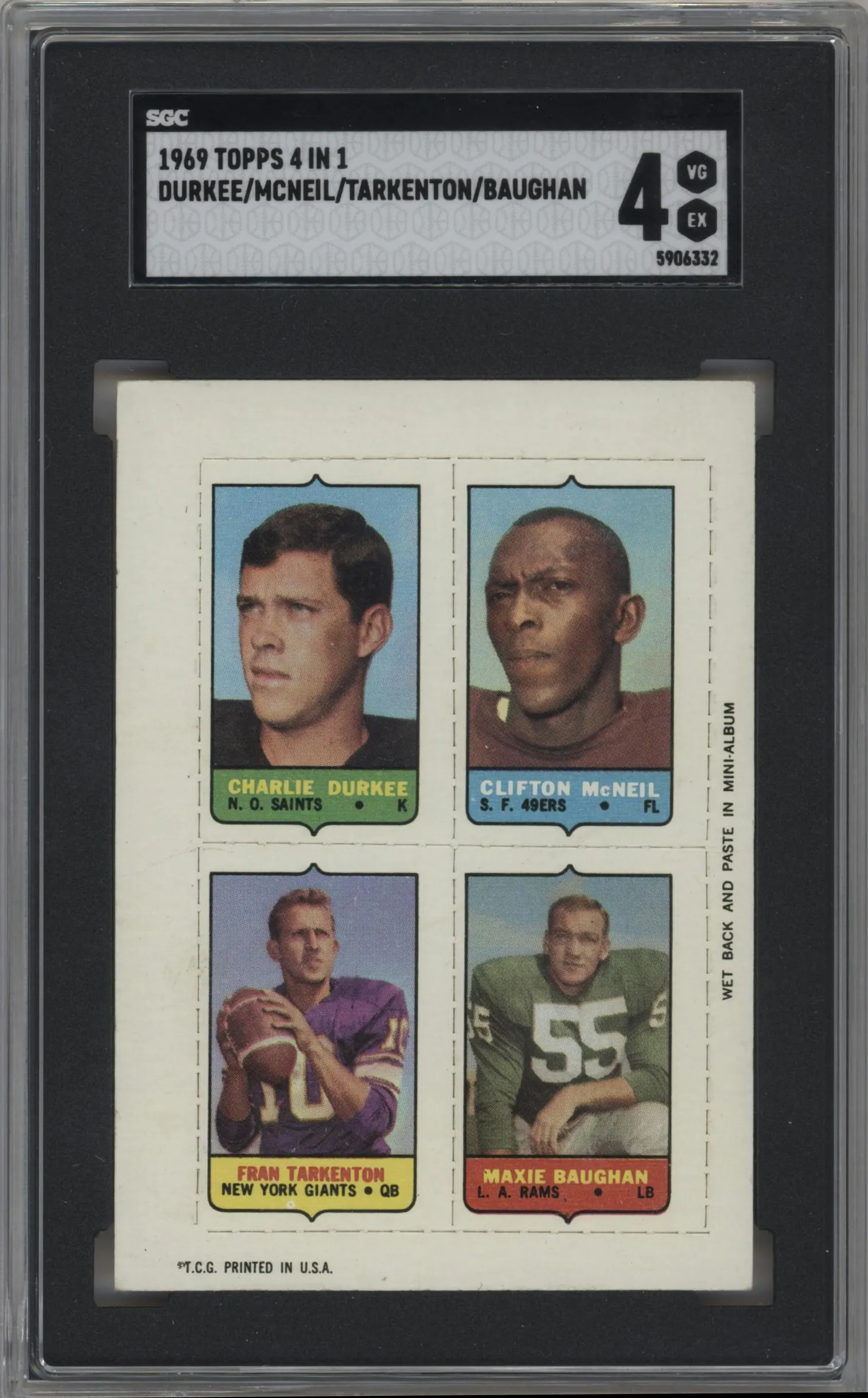 1969 Topps Four-in-One Charlie Durkee/Clifton McNeil/Fran Tarkenton/Maxie Baughan SGC 4