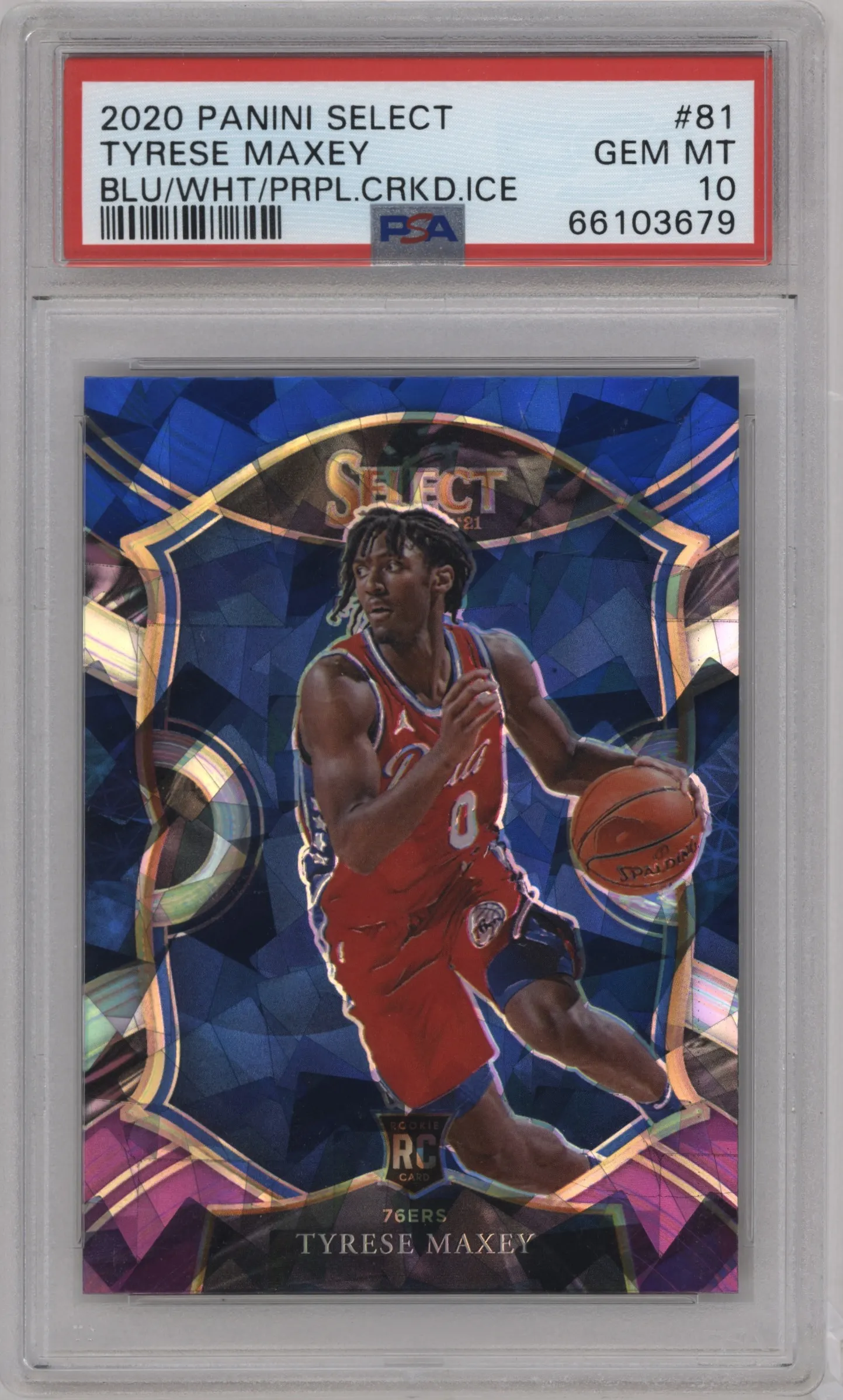 2020 Panini Select Tyrese Maxey Blue/White/Purple Cracked Ice #81 PSA 10