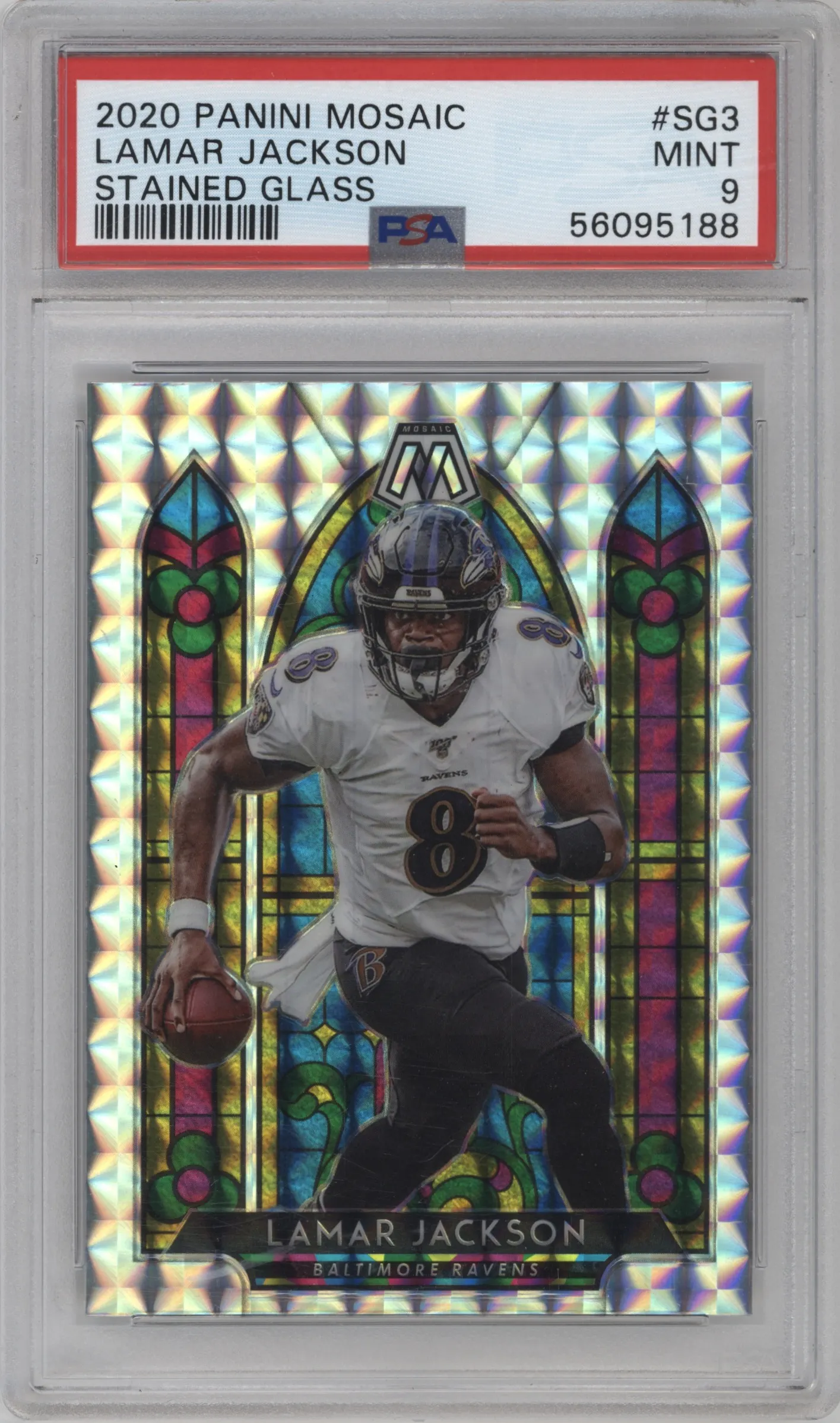 2020 Panini Mosaic Stained Glass Lamar Jackson #SG3 PSA 9