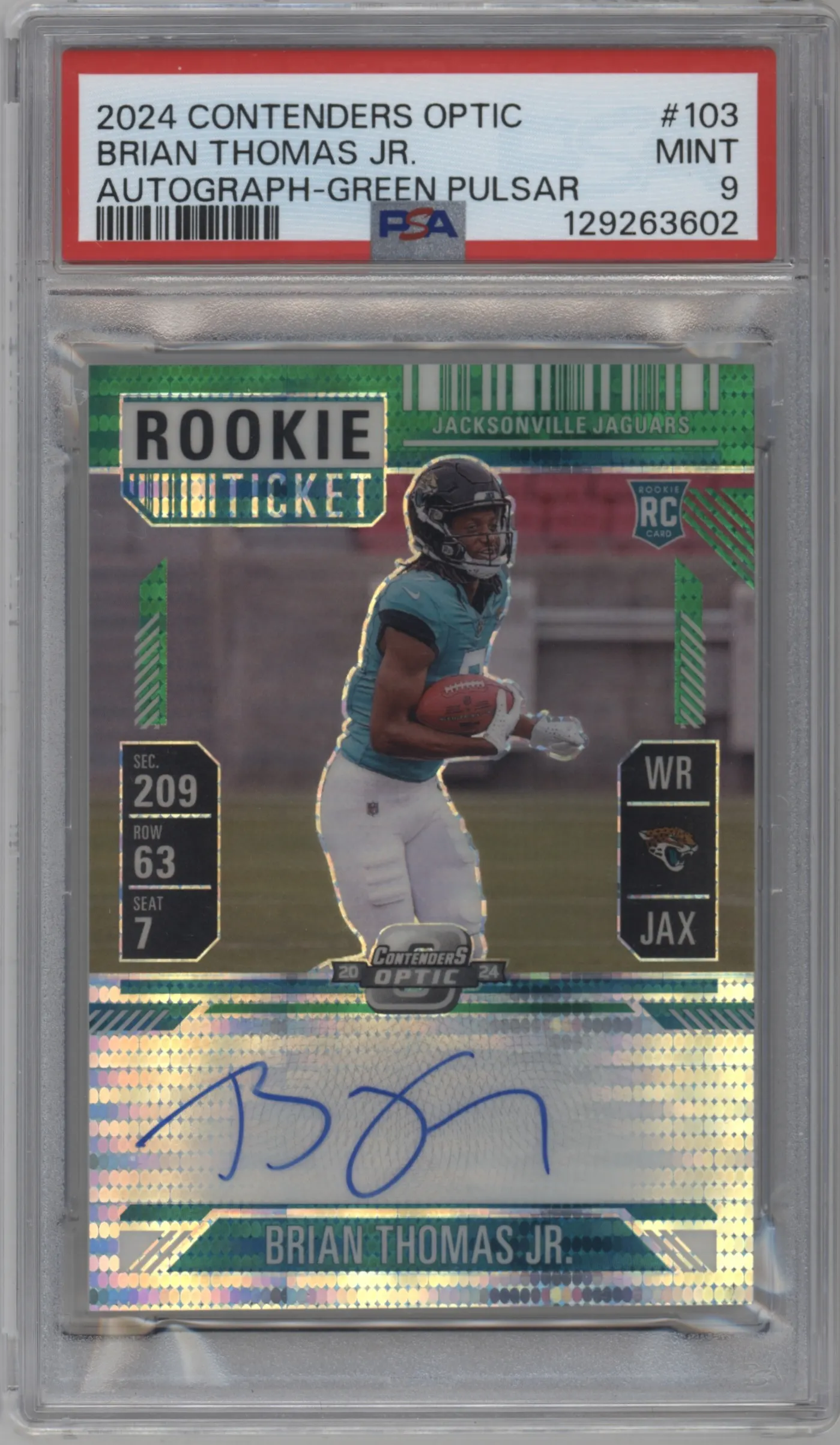 2024 Panini Contenders Optic Rke.Tkt.Auto Brian Thomas Jr. Green Pulsar PSA 9