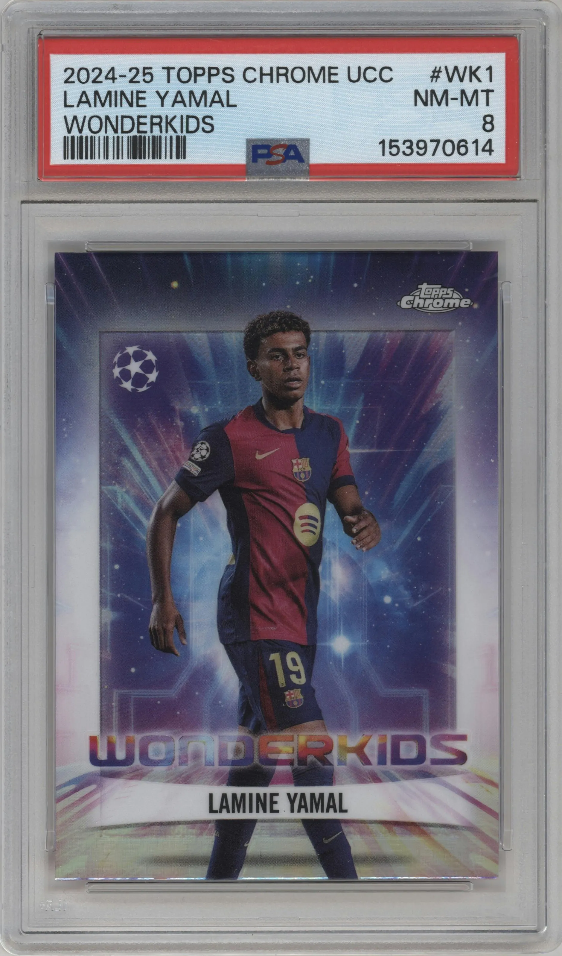 2024 Topps Chrome UEFA Club Competitions Wonderkids Lamine Yamal #WK-1 PSA 8