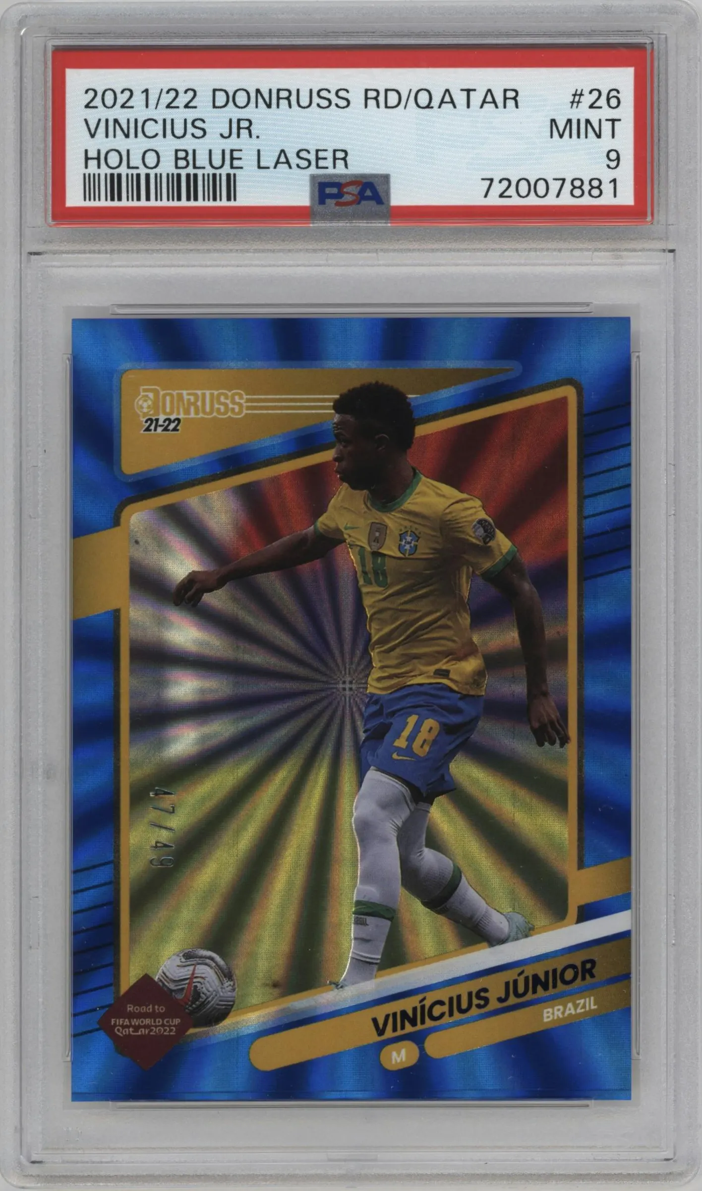 2021 Panini Donruss Road to Qatar Vinicius Junior Blue Holo Laser #26 PSA 9