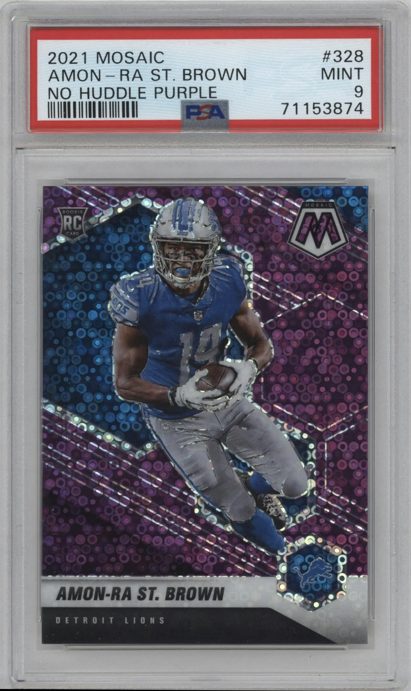 2021 Panini Mosaic Amon-Ra St. Brown No Huddle Purple #328 PSA 9