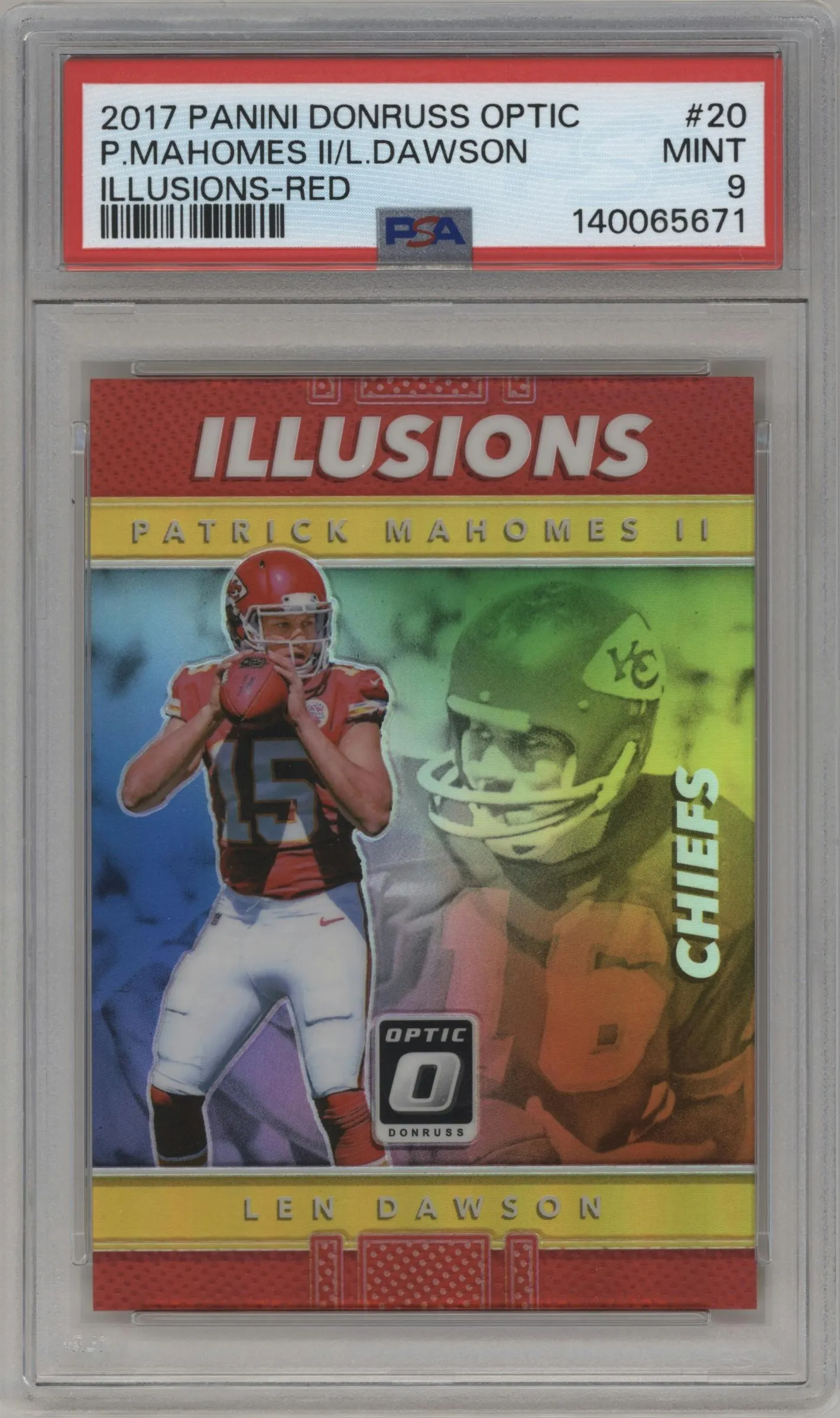 2017 Panini Donruss Optic Illusions Patrick Mahomes II/Len Dawson Red #20 PSA 9