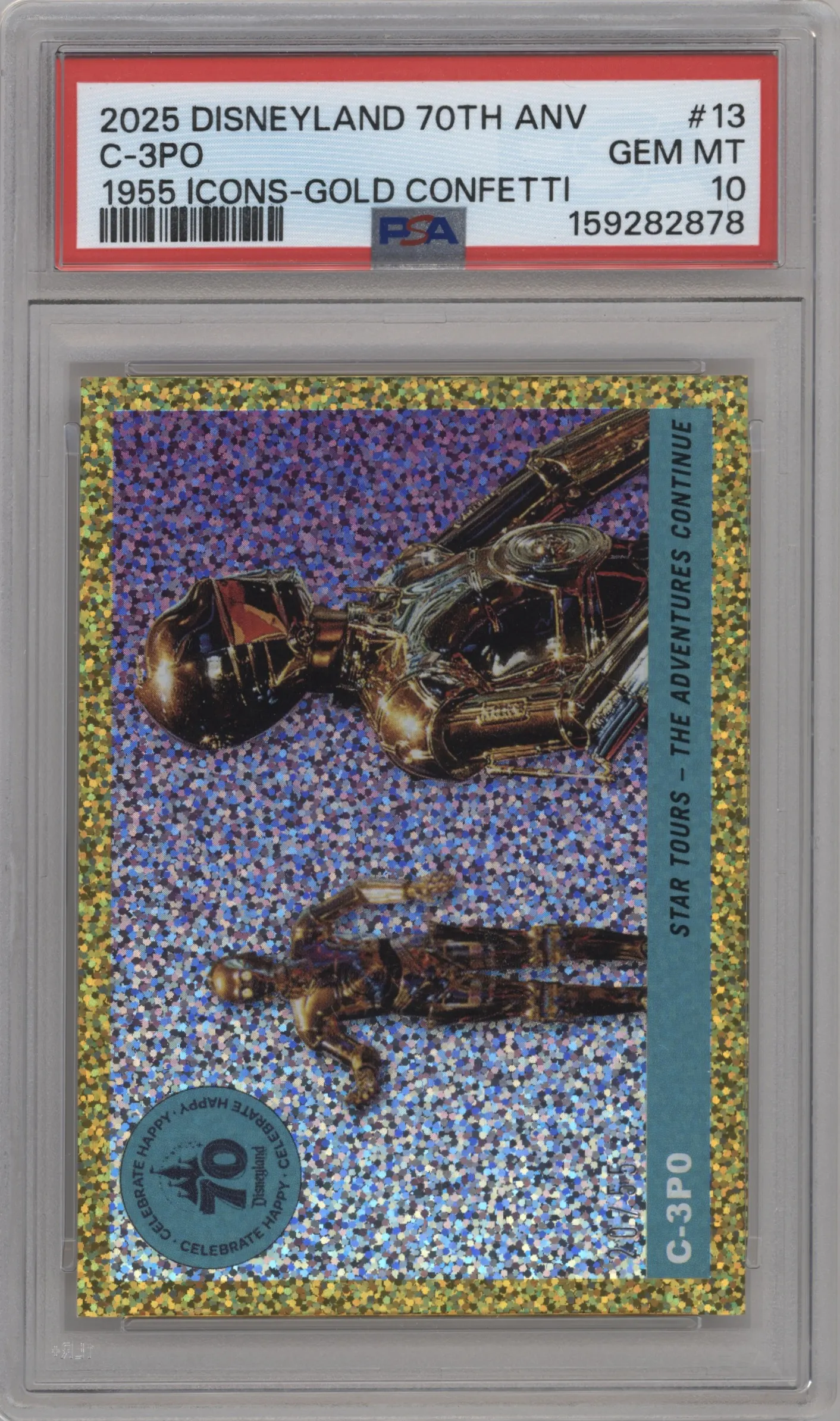 2025 Topps Disneyland 70th Anniversary 95'Disneyland Icons Star Tours: The Adventures Continue Gold Confetti #T55-13 PSA 10