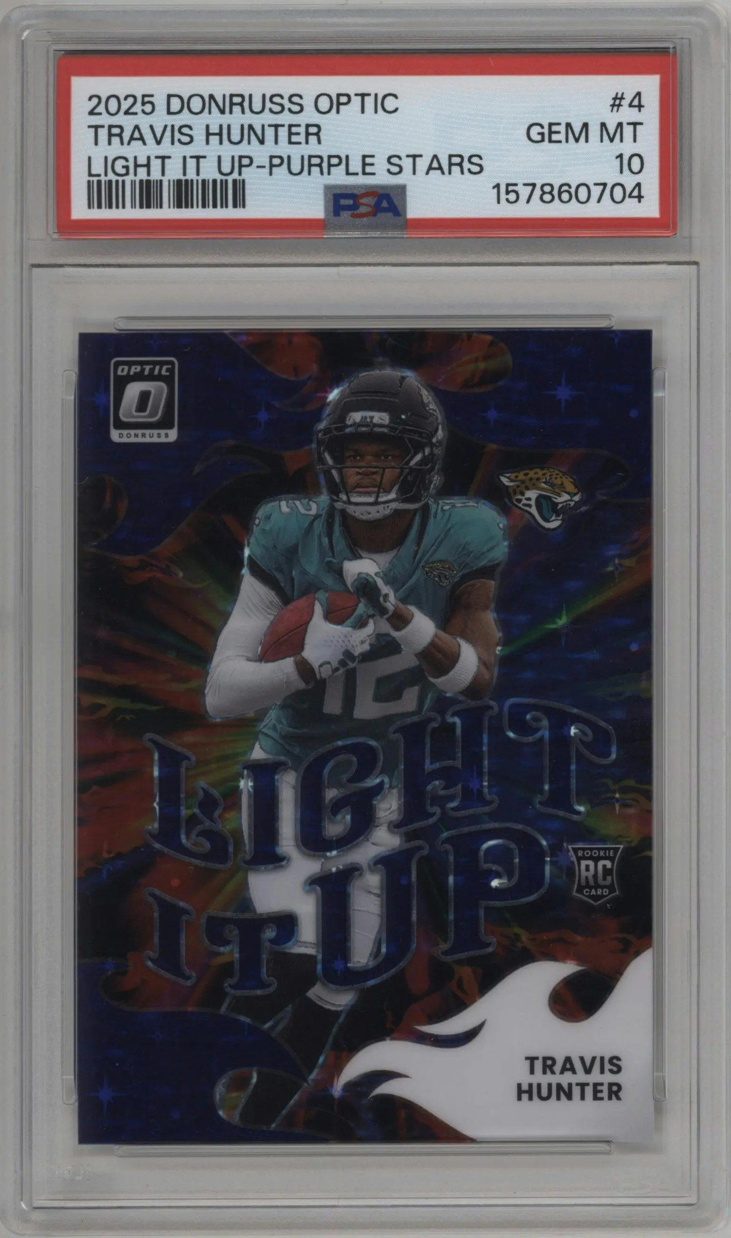 2025 Donruss Optic Light It Up Travis Hunter Purple Stars PSA 10