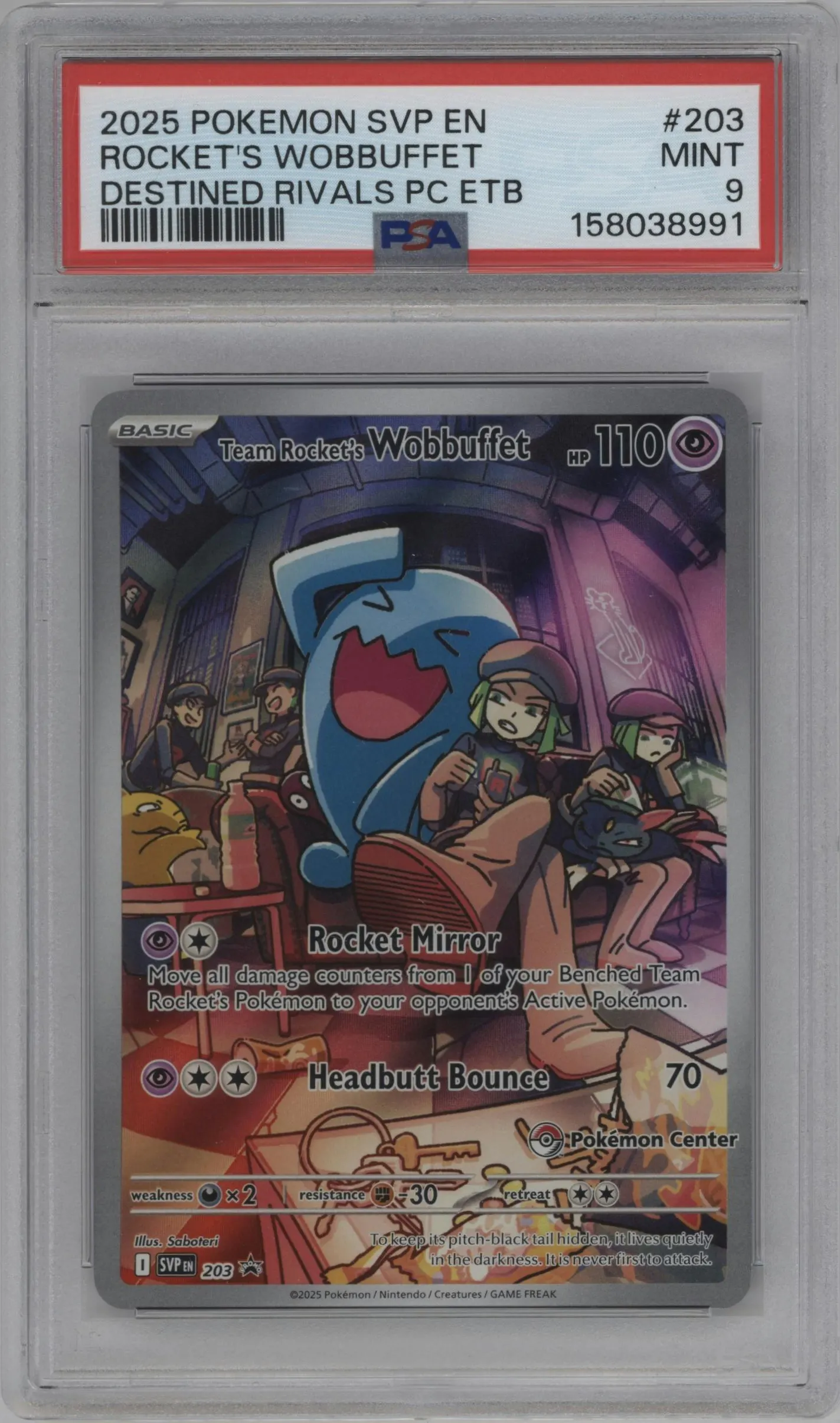 2025 Pokemon SV Team Rocket's Wobbuffet Destined Rivals Pokemon Center Elite Trainer Box #203 PSA 9