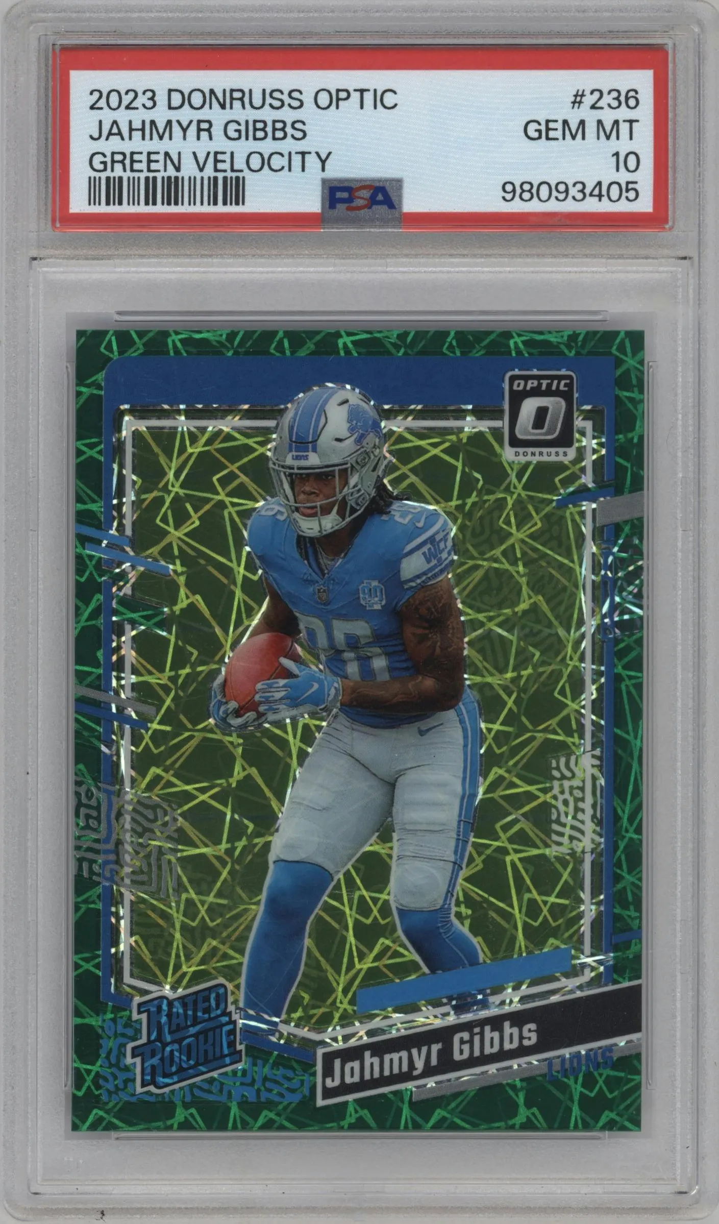2023 Donruss Optic Rated Rookie Jahmyr Gibbs Green Velocity PSA 10