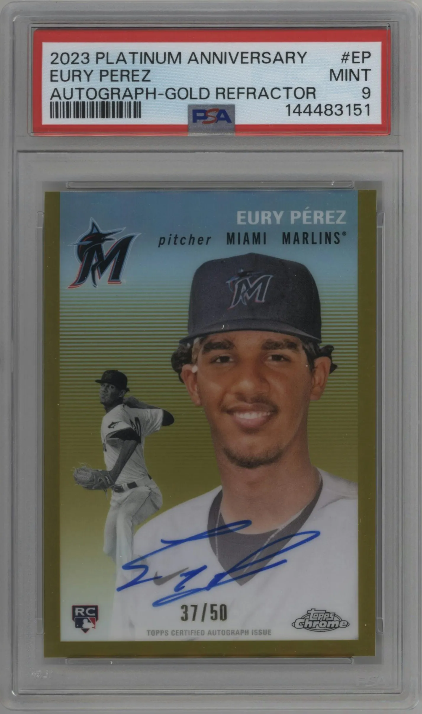 2023 Topps Chrome Platinum Anniversary Auto Eury Perez Gold Refractor #CPA-EP PSA 9
