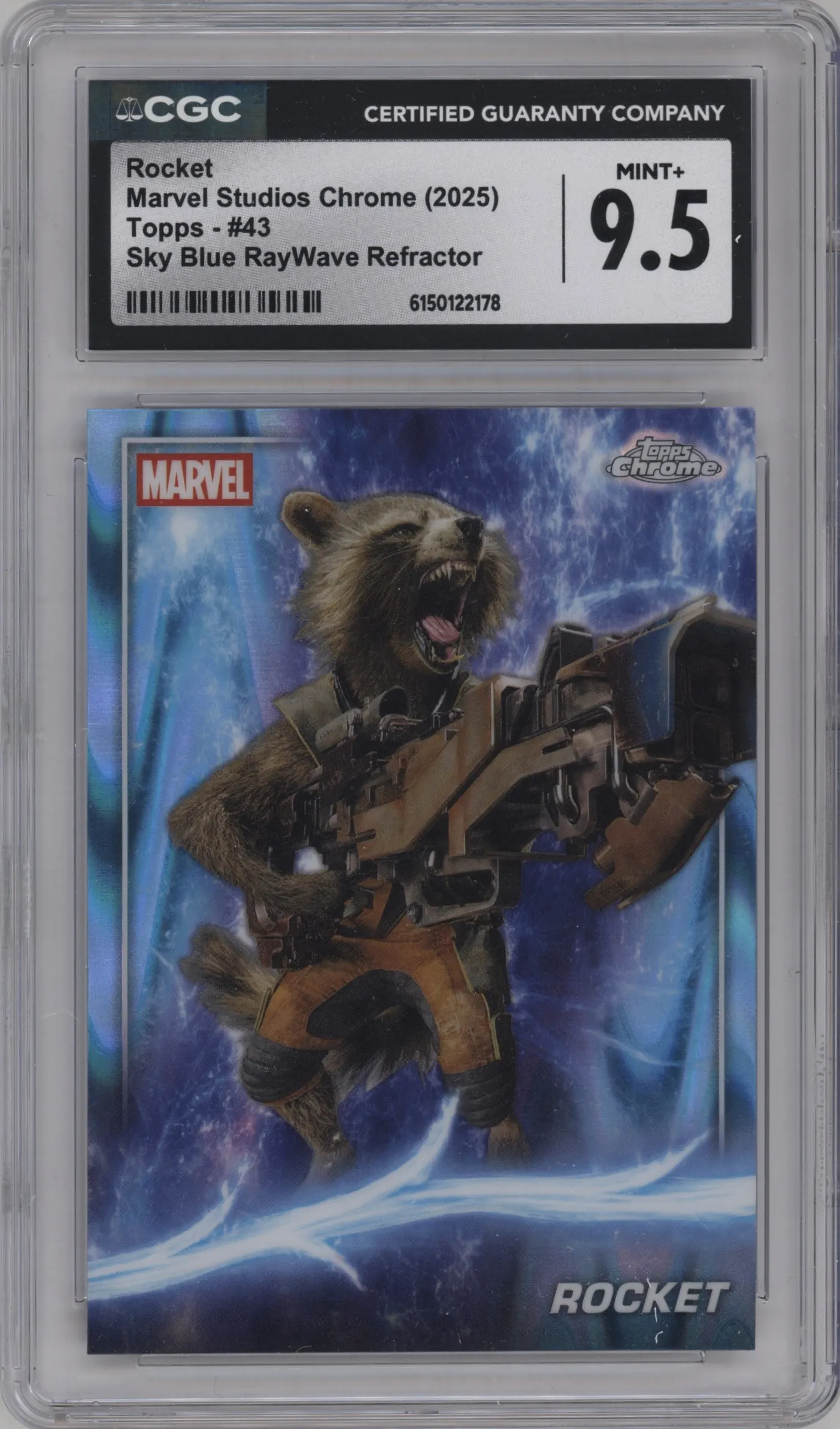 2025 Topps Chrome Marvel Studios Rocket Sky Blue RayWave Refractor CGC 9.5