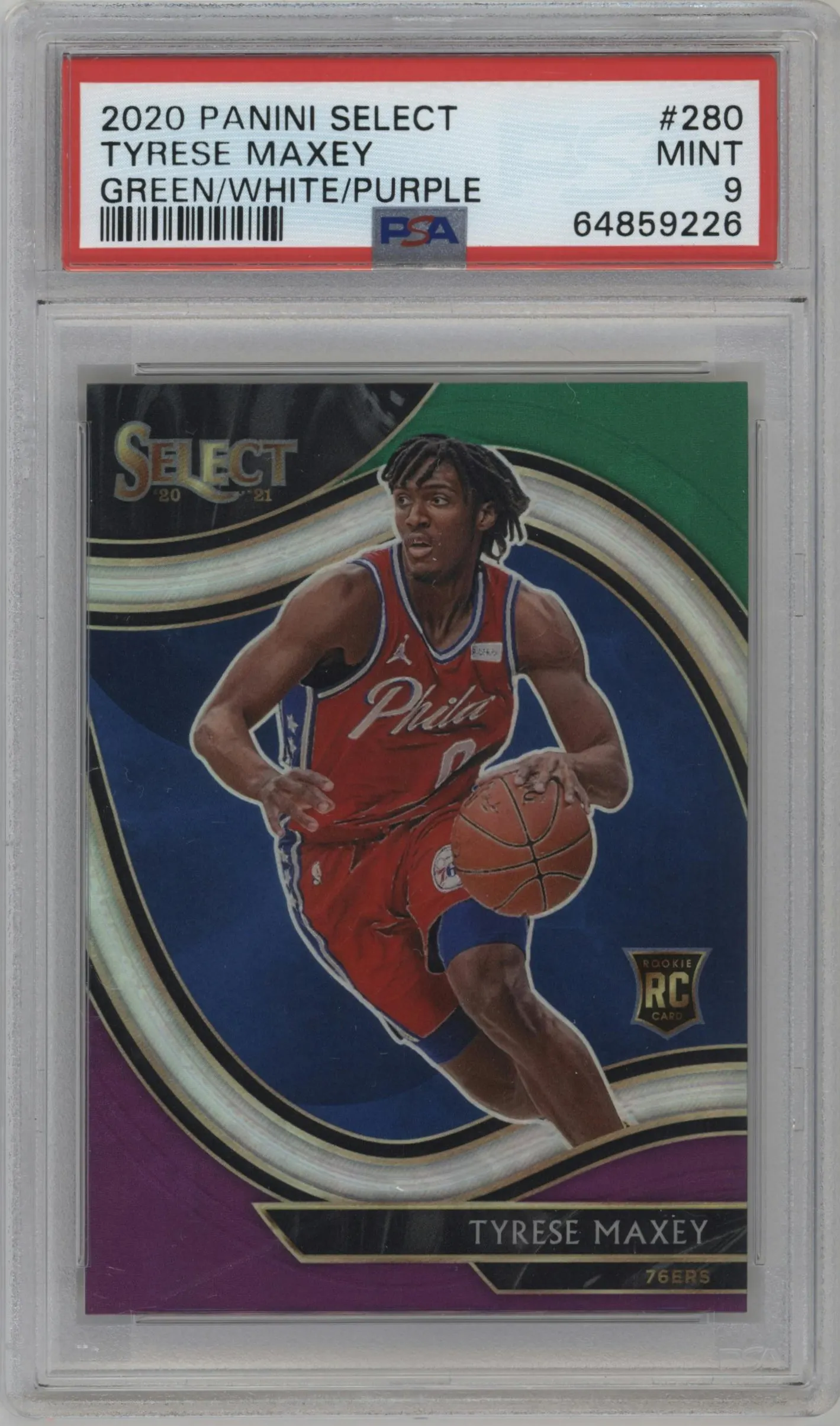 2020 Panini Select Courtside Tyrese Maxey Green/White/Purple Prizm #280 PSA 9