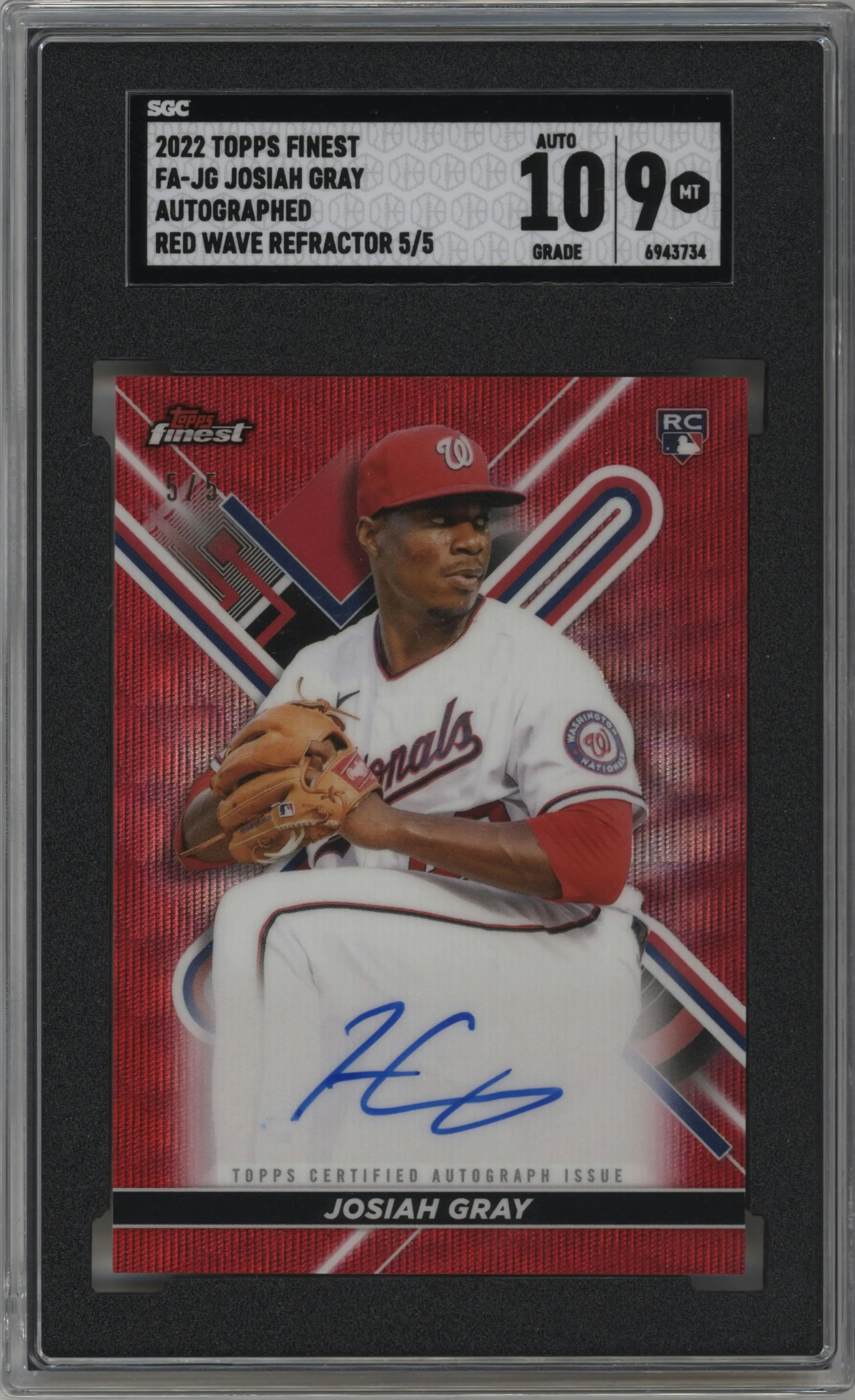 2022 Topps Finest Auto Josiah Gray Red Wave Refractor #FA-JG SGC 9