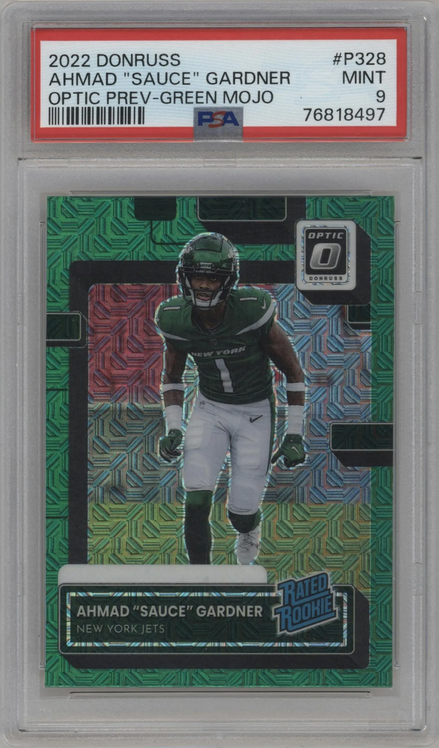 2022 Panini Donruss Optic.Rtd.Rke.Pre. Ahmad "Sauce" Gardner Green Mojo PSA 9