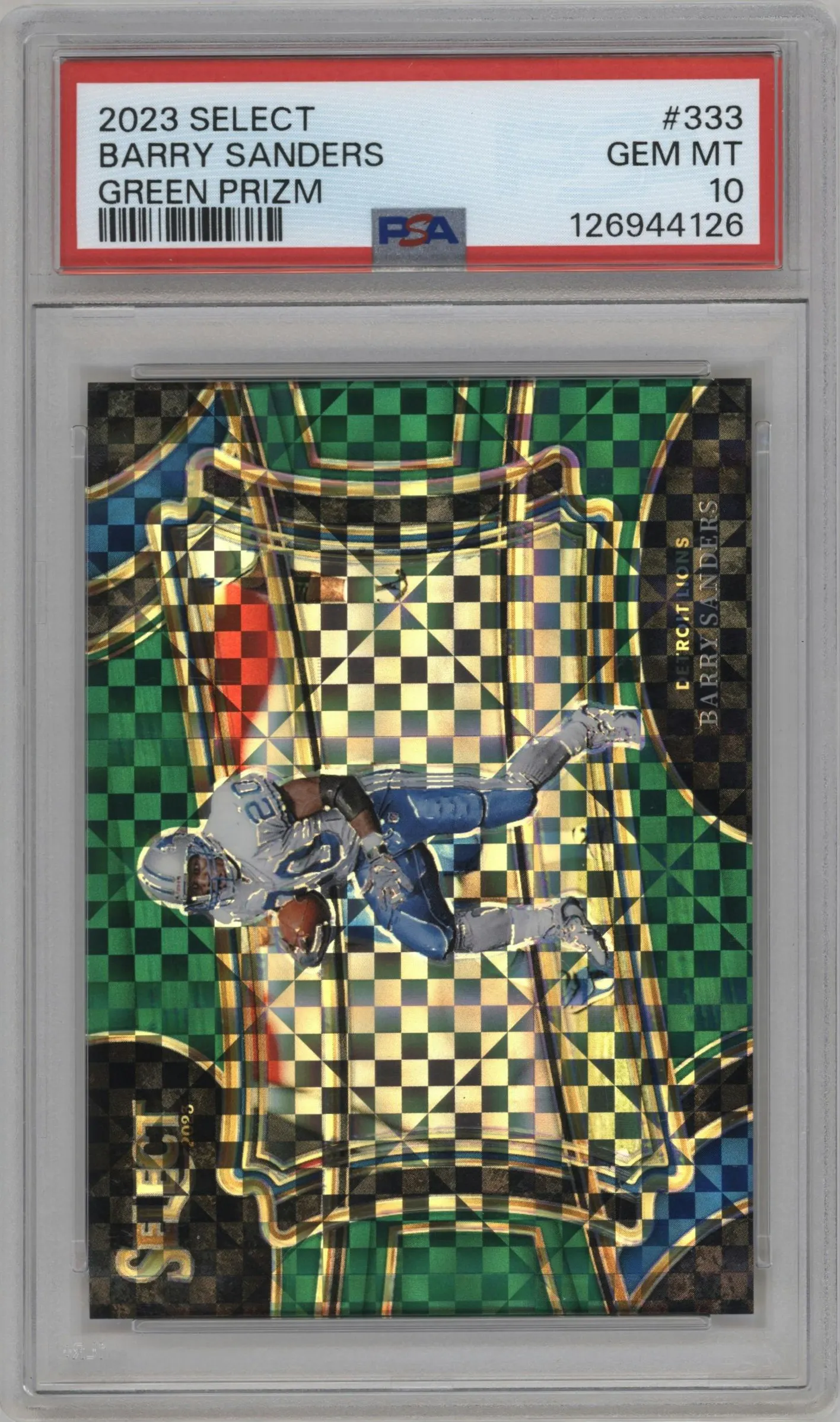 2023 Panini Select Field Lvl. Barry Sanders Green Prizm #333 PSA 10
