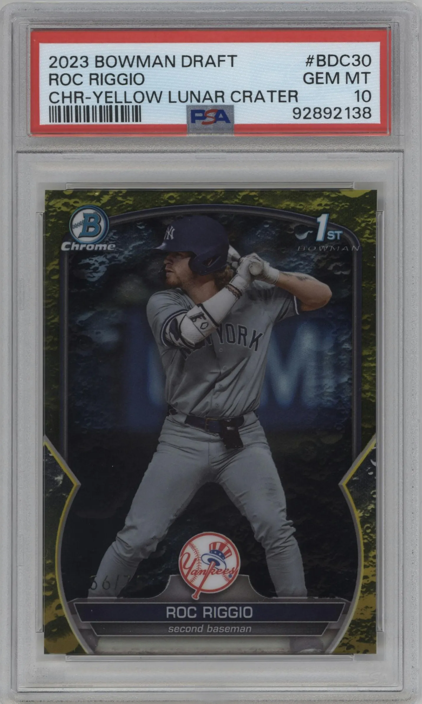 2023 Bowman Draft Chrome Roc Riggio Yellow Lunar Crater Refractor #BDC-30 PSA 10