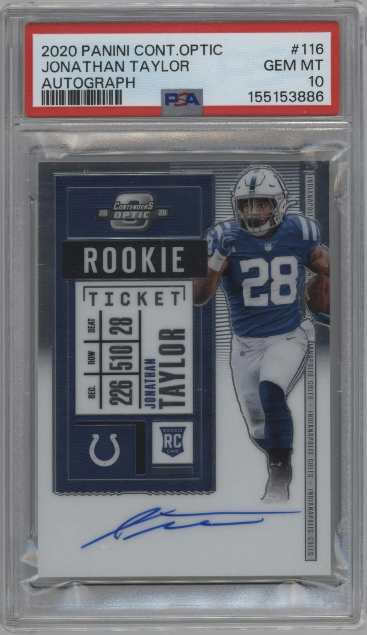2020 Panini Contenders Optic Rke.Tkt.Auto Jonathan Taylor #116 PSA 10