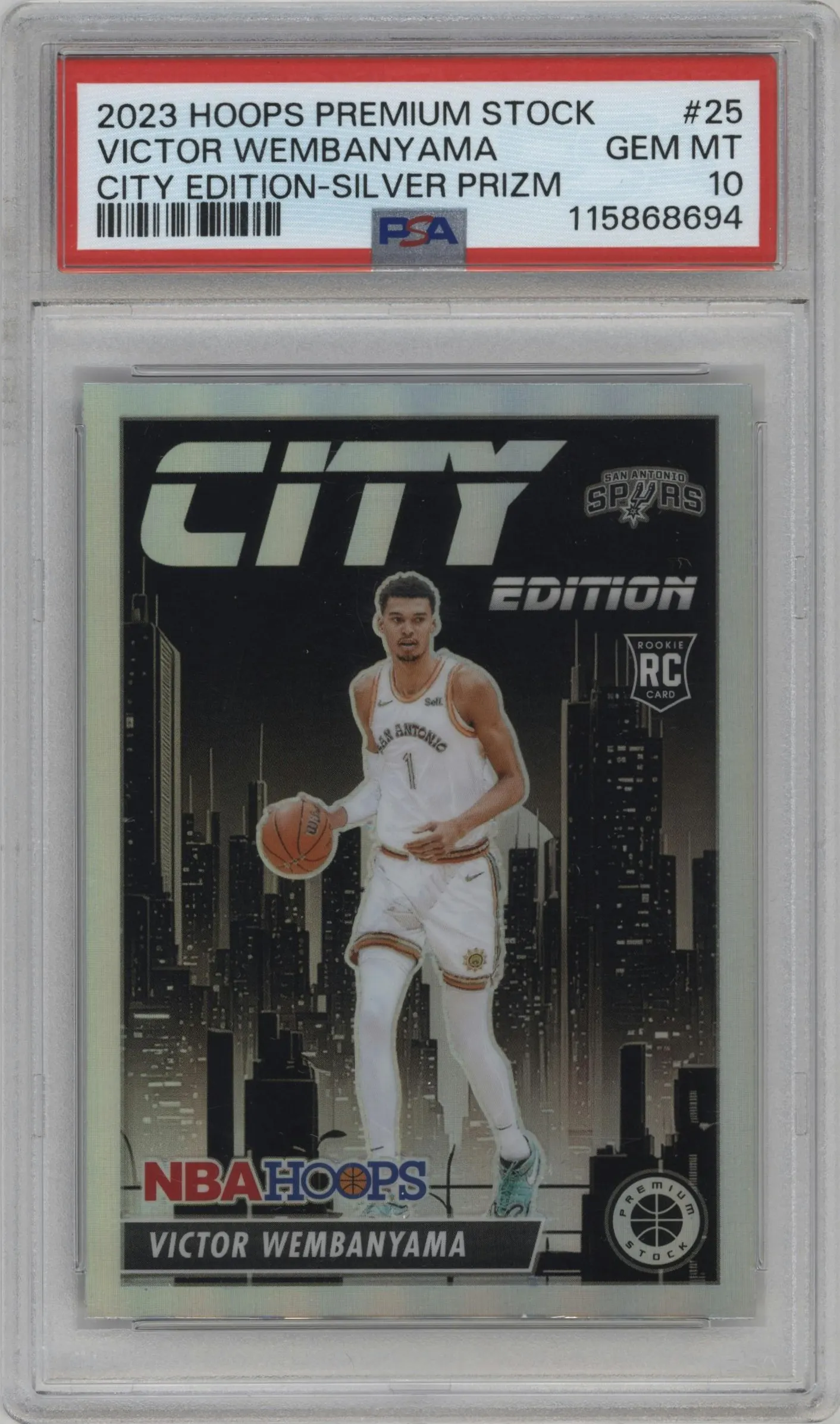 2023 Panini Hoops Premium Stock City Edition Victor Wembanyama Silver Prizm #25 PSA 10