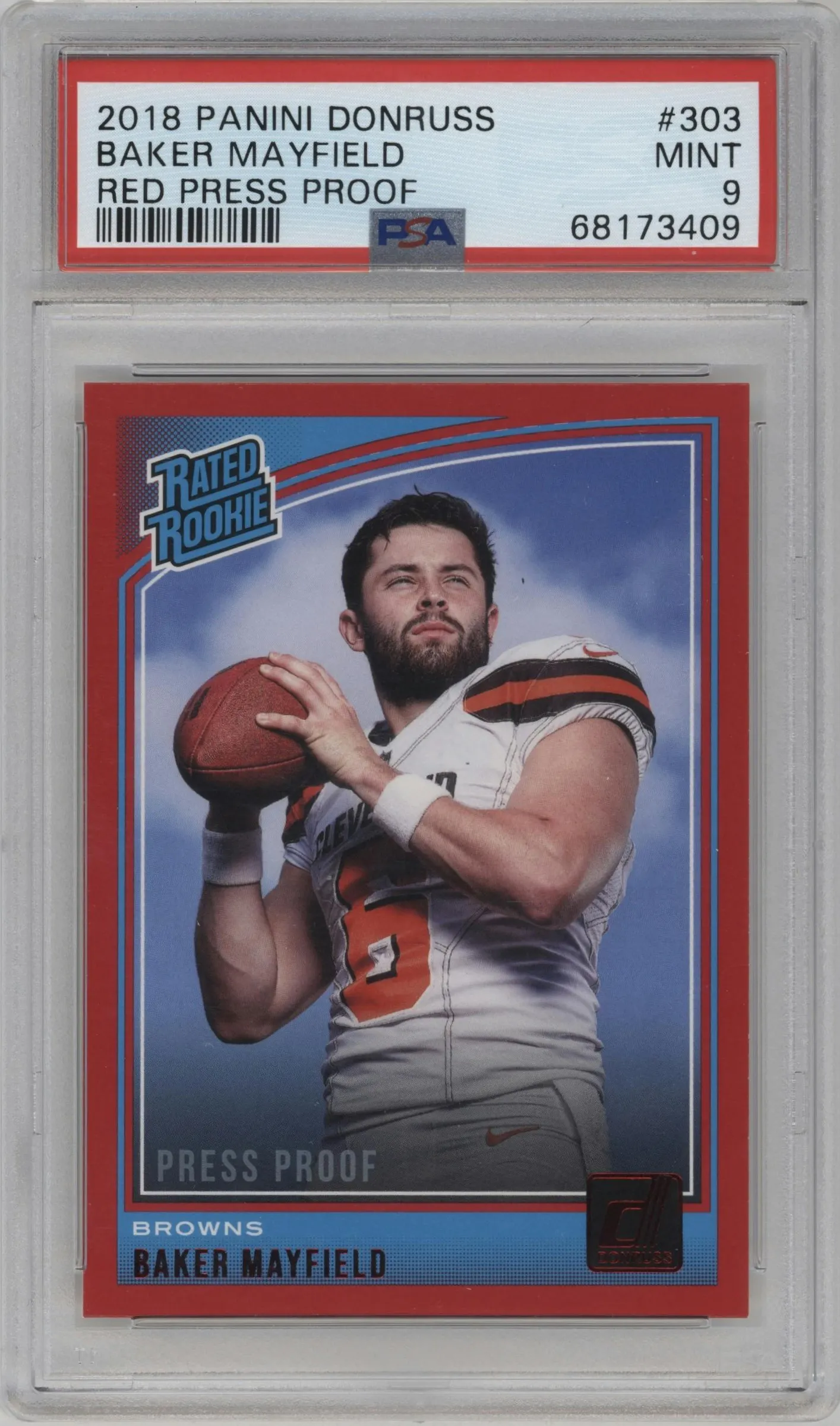 2018 Panini Donruss Rated Rookie Baker Mayfield Press Proof Red #303 PSA 9
