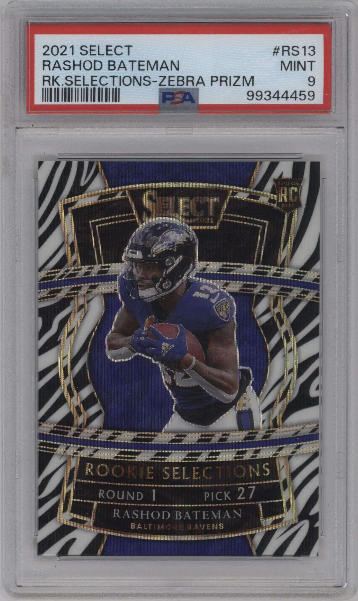 2021 Panini Select Rke. Selections Rashod Bateman Zebra PSA 9