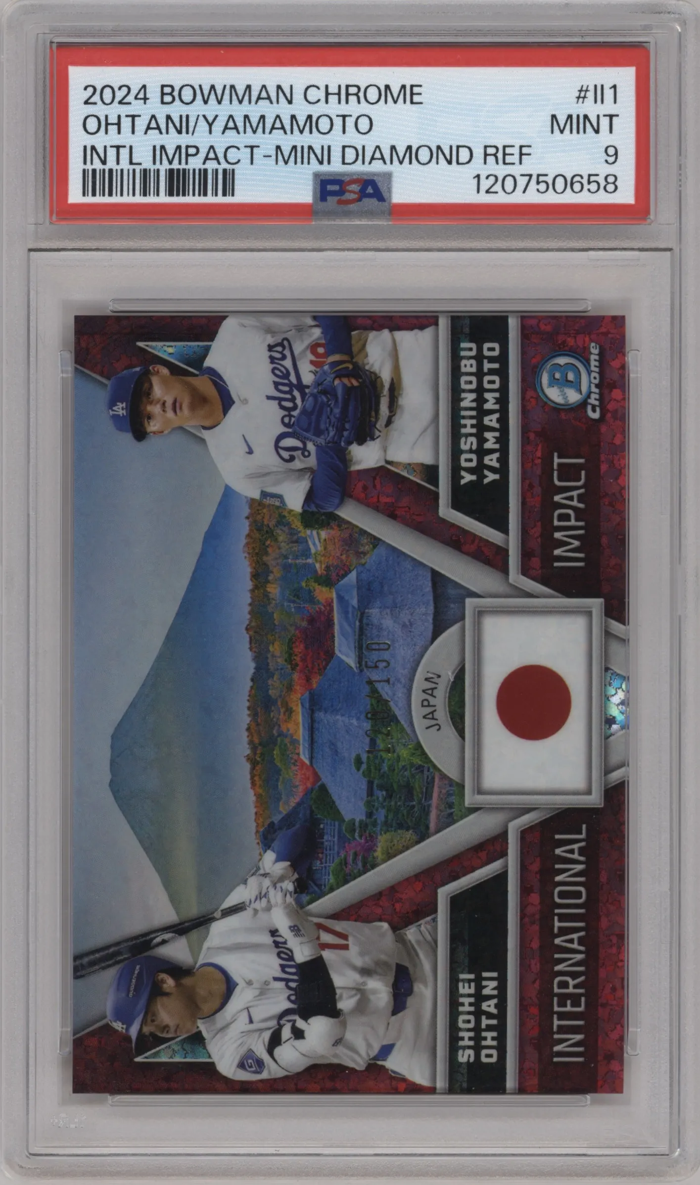 2024 Bowman Chrome Int.Impact Shohei Ohtani/Yoshinobu Yamamoto Mini-Diamond Refractor #II-1 PSA 9